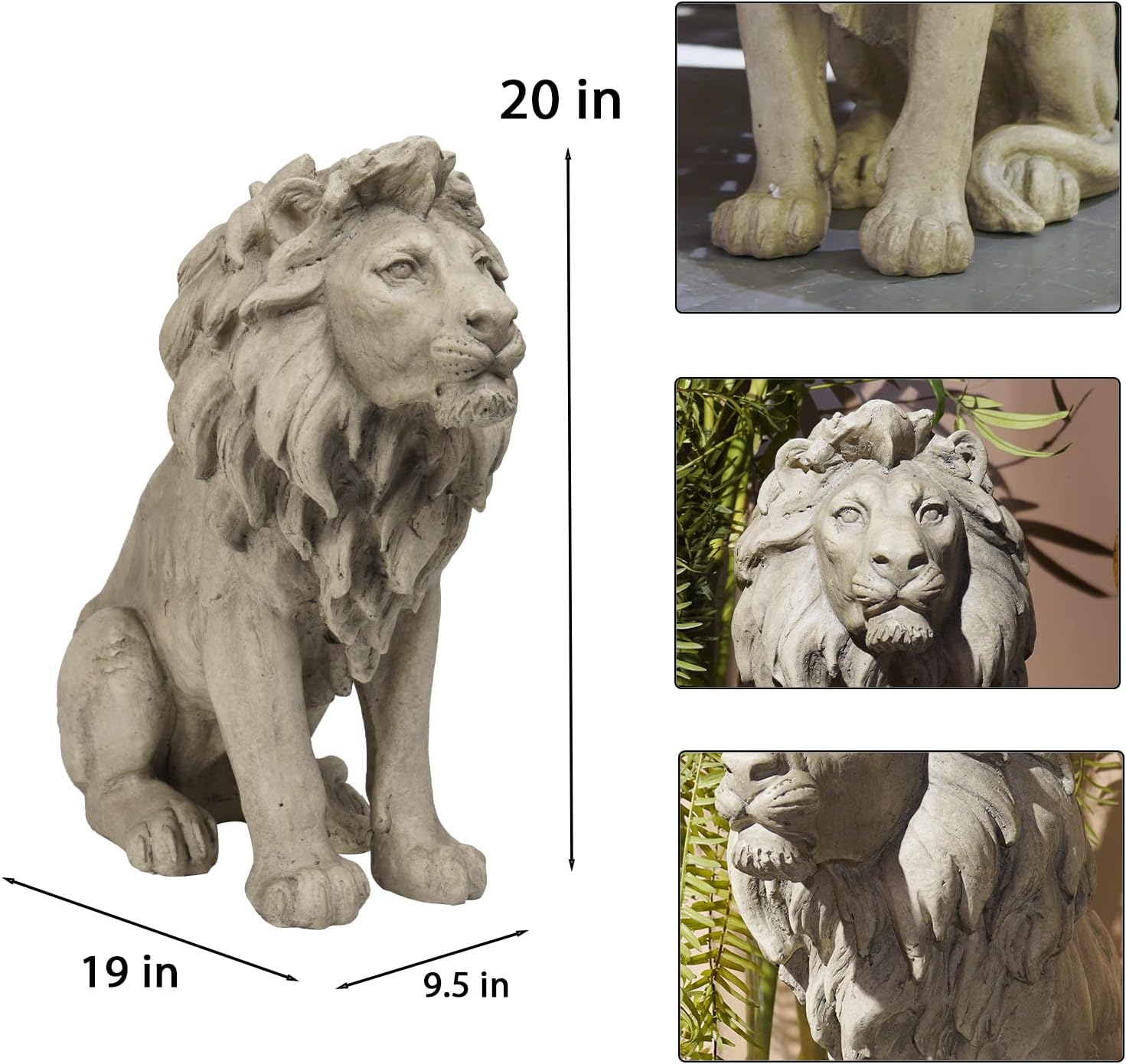 Garden Outdoor Statues Lion Statue – 20Inch Garden Decor Statue Antique Lion Stone with Long Hair Outdoor Indoor Figurine Gift Decoration for Home Décor Patio Yard 20 * 9.5 * 19.5 inch