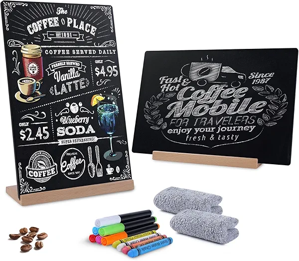 8x12 Inch Mini Chalk Board Sign for Menu Display, Double-Sided Tabletop Chalkboard with Wooden Base & Clips for Wedding, Restaurant, and Event Decorations (2PCS)