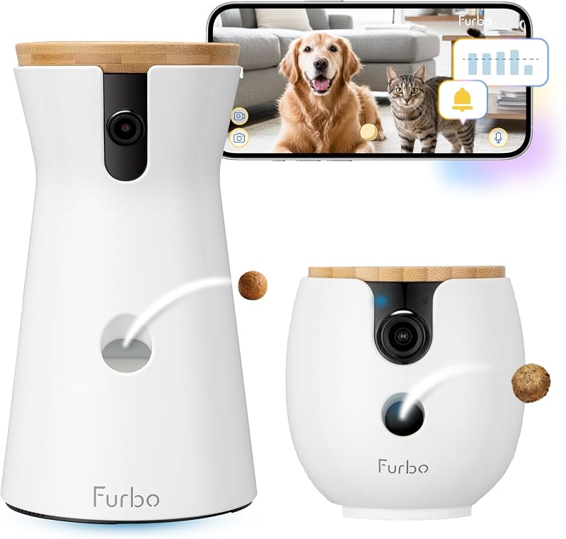 Cámara para perros de 360° + Mini cámara de 360° [se requiere nueva suscripción en la configuración] Paquete de 2 cámaras Suscripción para niñera: alertas de seguridad para perros, cámara para mascotas con parlante, aplicación para teléfono y visión nocturna