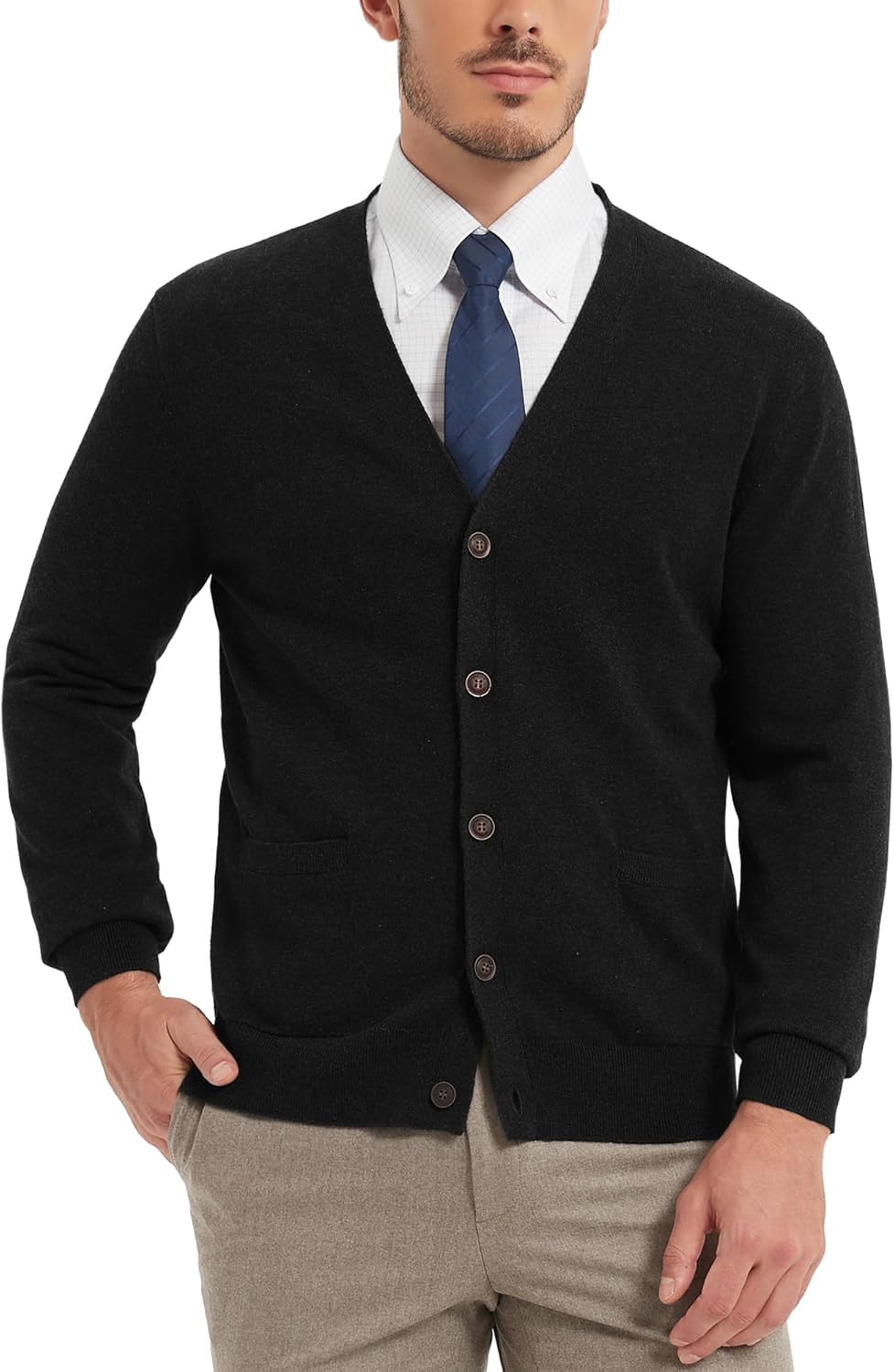 Kallspin Men’s Pure Cotton Cardigan Sweater V-Neck Button Down Cardigan Lightweight Knitwear with Pockets