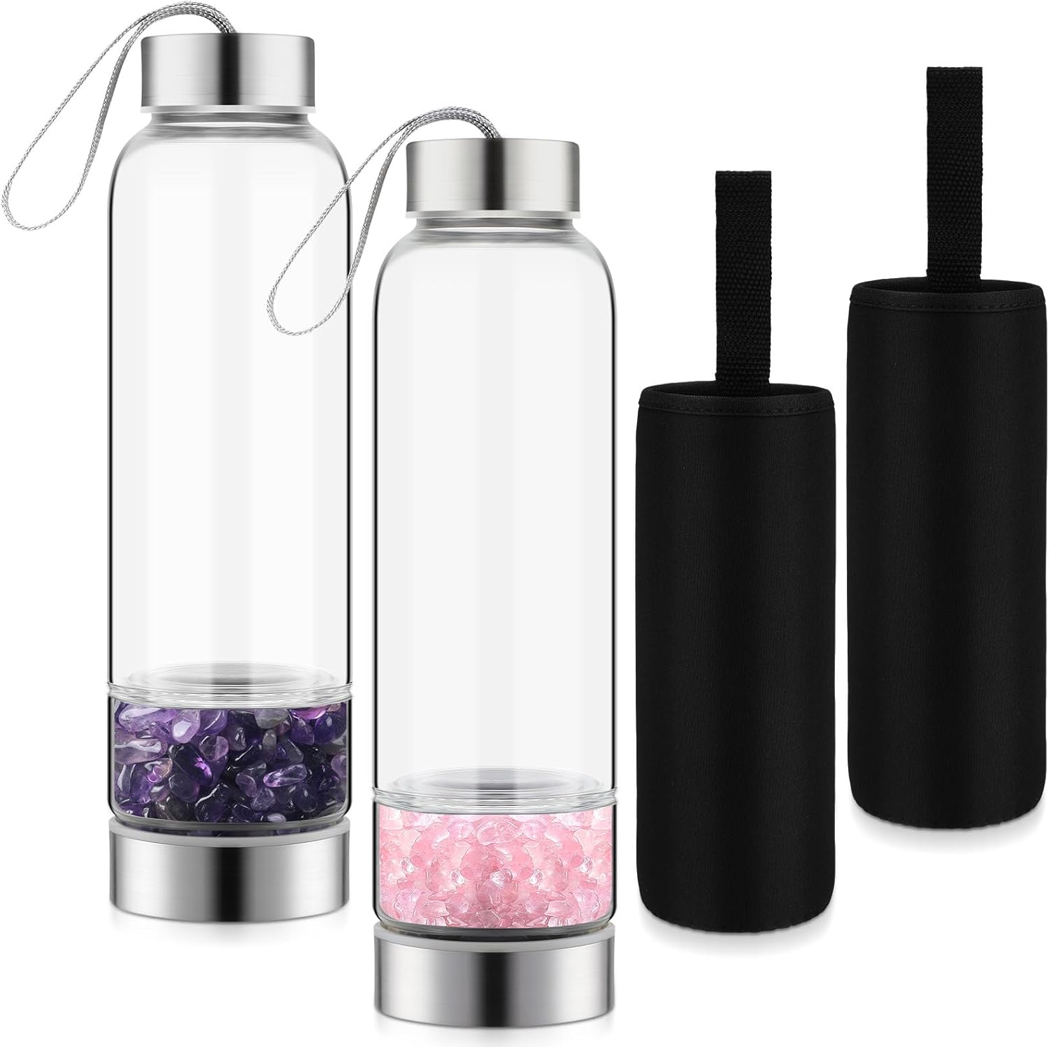 meekoo 2 Pieces Crystal Glass Water Bottle with Gemstone Center Natural Amethyst and Rose Quartz Clear Water Bottle Quartz Crystal Cup Energy Cup for Healing and Wellness