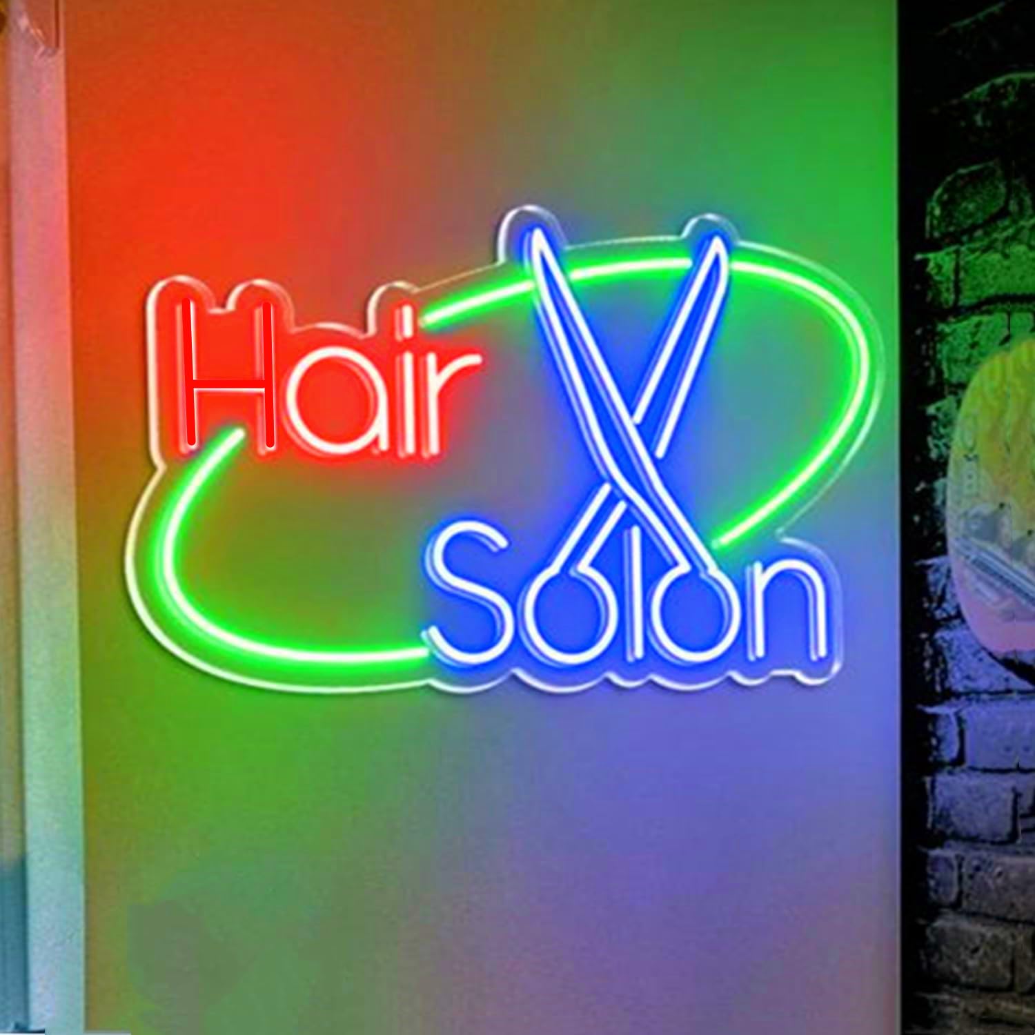 Barber Neon Sign,Dimmable and Hanging Hair Salon Light up Neon Lights Sign for Wall Window Decor,Decorative Barbershop Lights for Salon Decor for Hair Stylist(Hair Salon Blue,Green+Red)