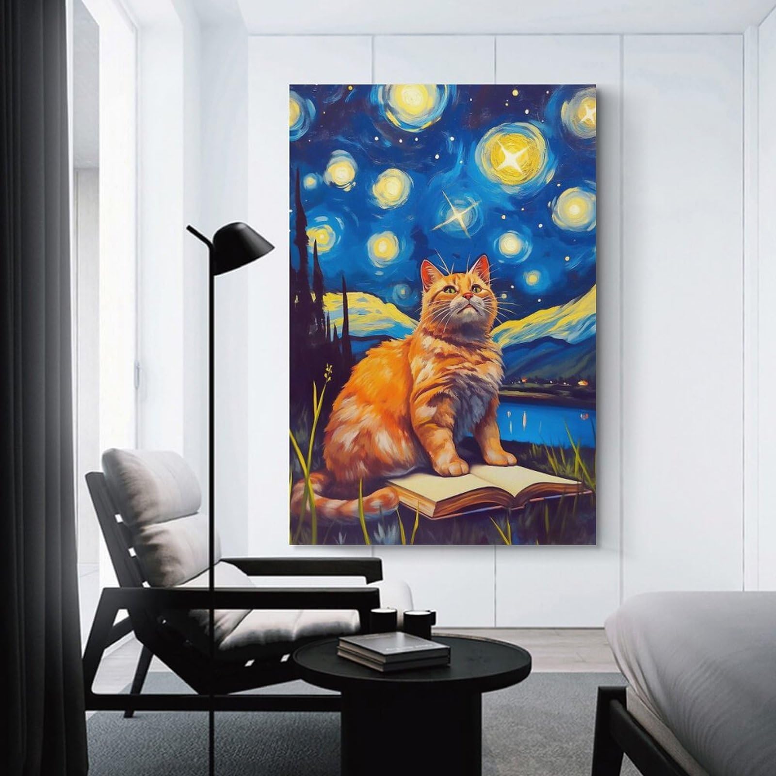 Junmoney Cat Reading Book Canvas Wall Decor 24x36inch(60x90cm), for Home Lounge, Bedroom Or Reading Nook, A Home Accent with Warm Character