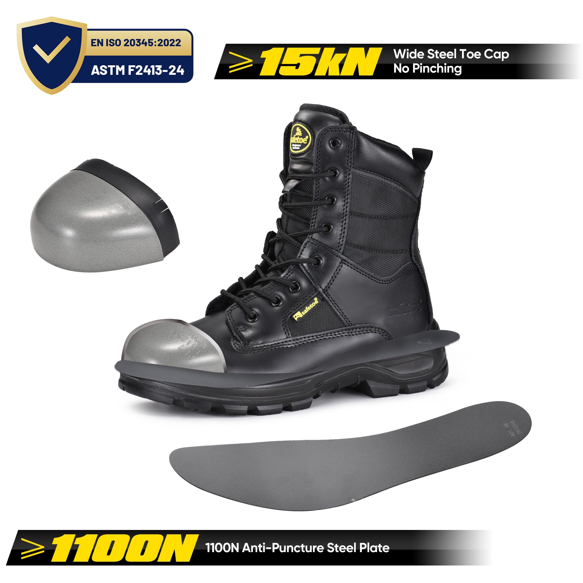 SAFETOE Botas militares con puntera de acero para hombre, 9438WR, cuero impermeable, antideslizante, antiestático, cremallera lateral