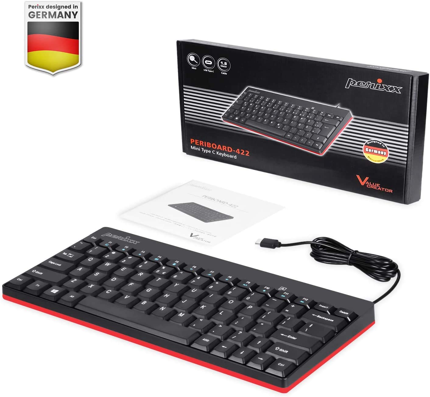 Perixx PERIBOARD-422 Mini Tastiera USB-C, Connessione USB Tipo C, Layout Italiano, nera