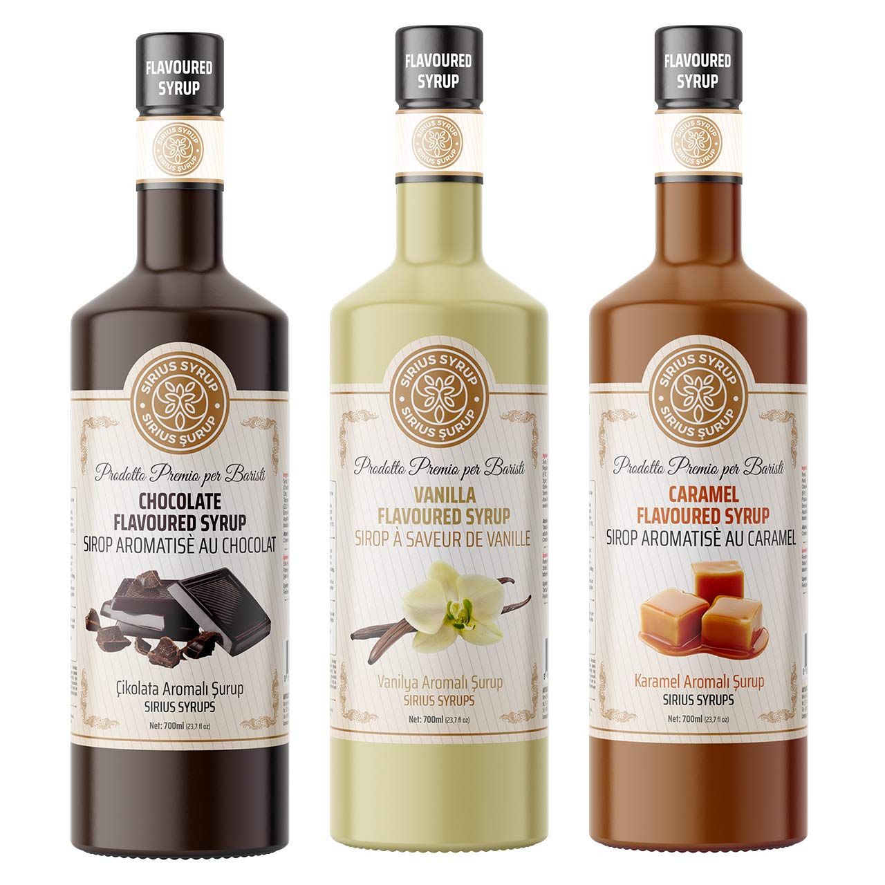 Sirius Premium Çikolata, Karamel, Vanilya Aromalı Şurup 3'lü Set (3x700 ml)