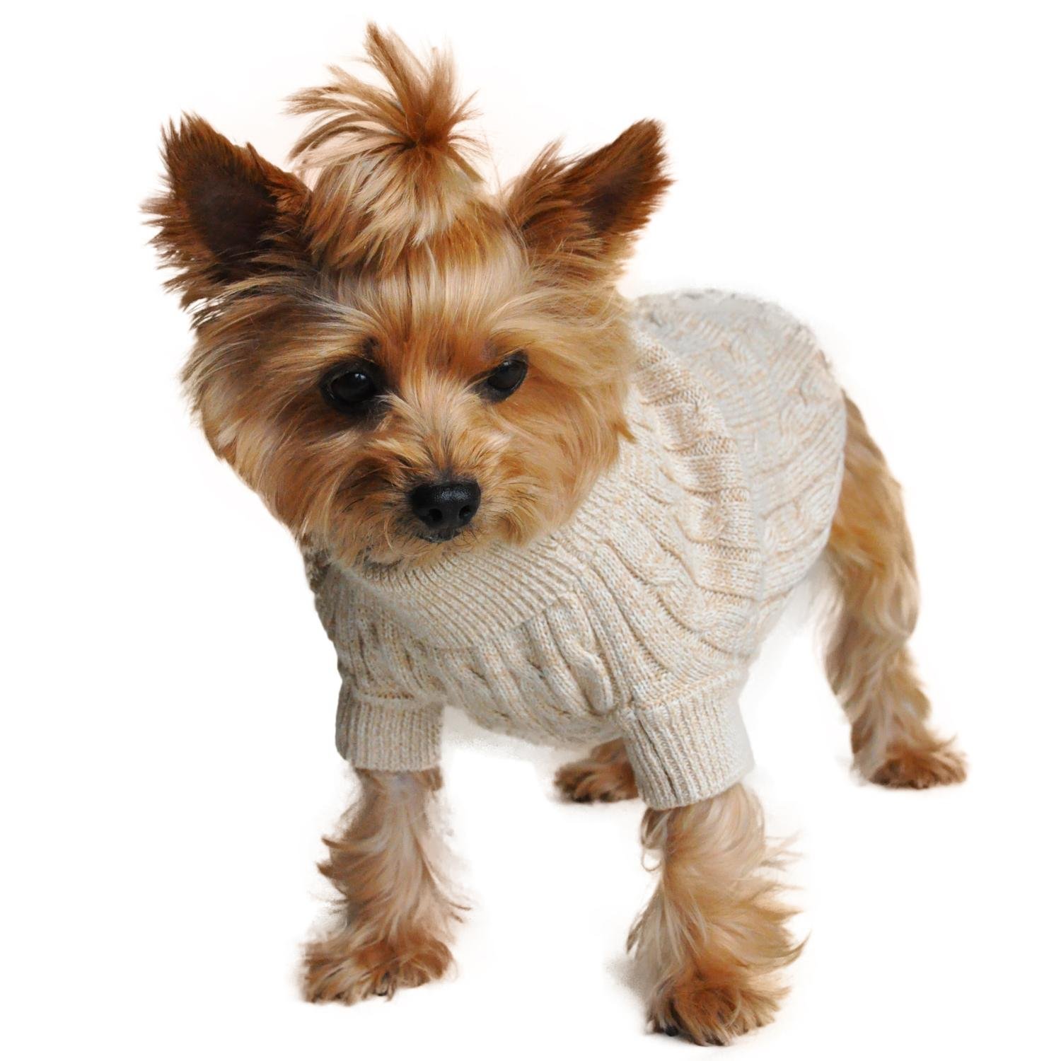 DOGGIE DESIGN Combed Cotton Cable Knit Dog Sweater Large - Oatmeal