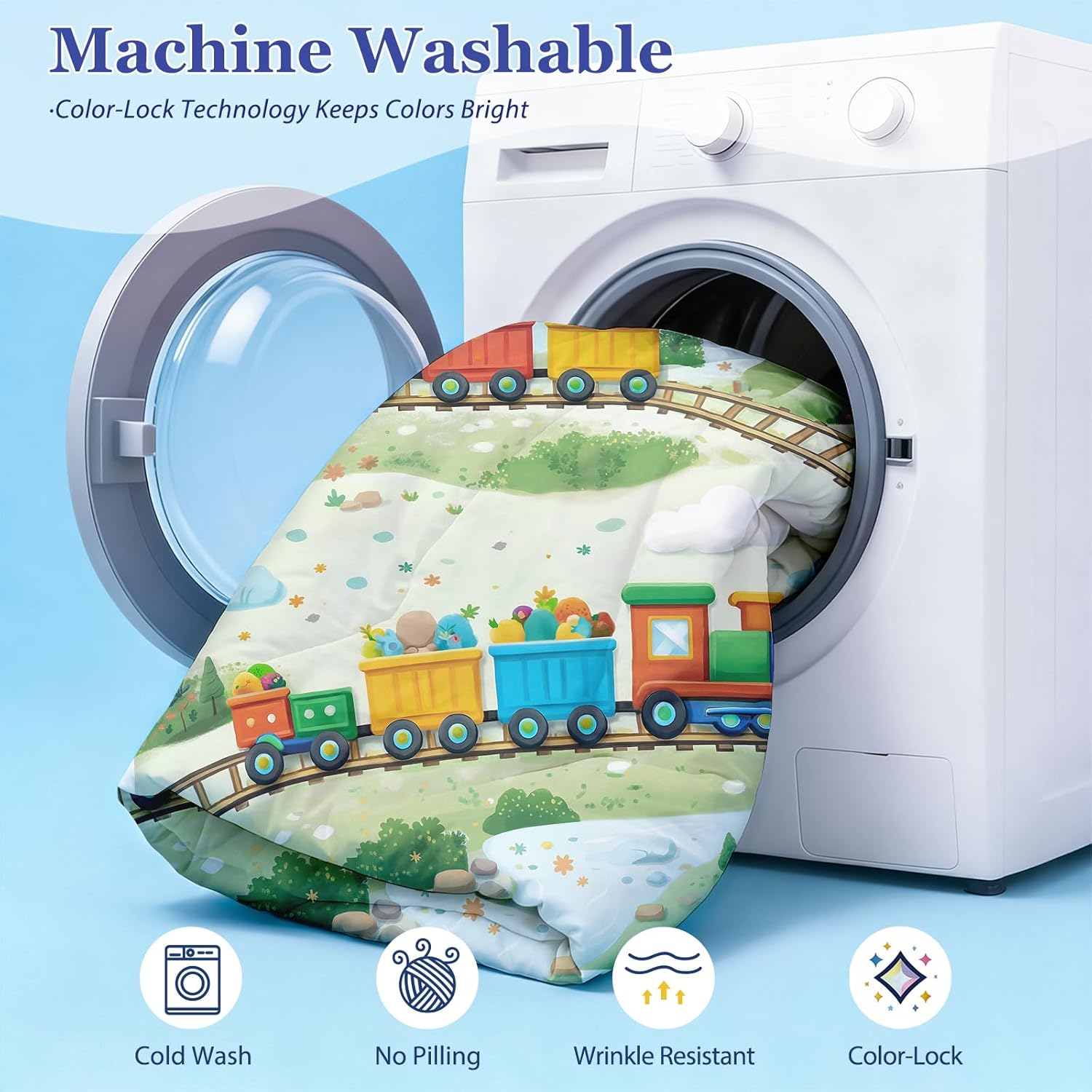 Kids Train Bedding Set Twin, 5-Piece Bed in a Bag Comforter Set with Sheets and Pillowcases, Cartoon Train Pattern for Boys Bedroom Room Makeover, Machine Washable Kids Bedding with Deep Pocket Sheets