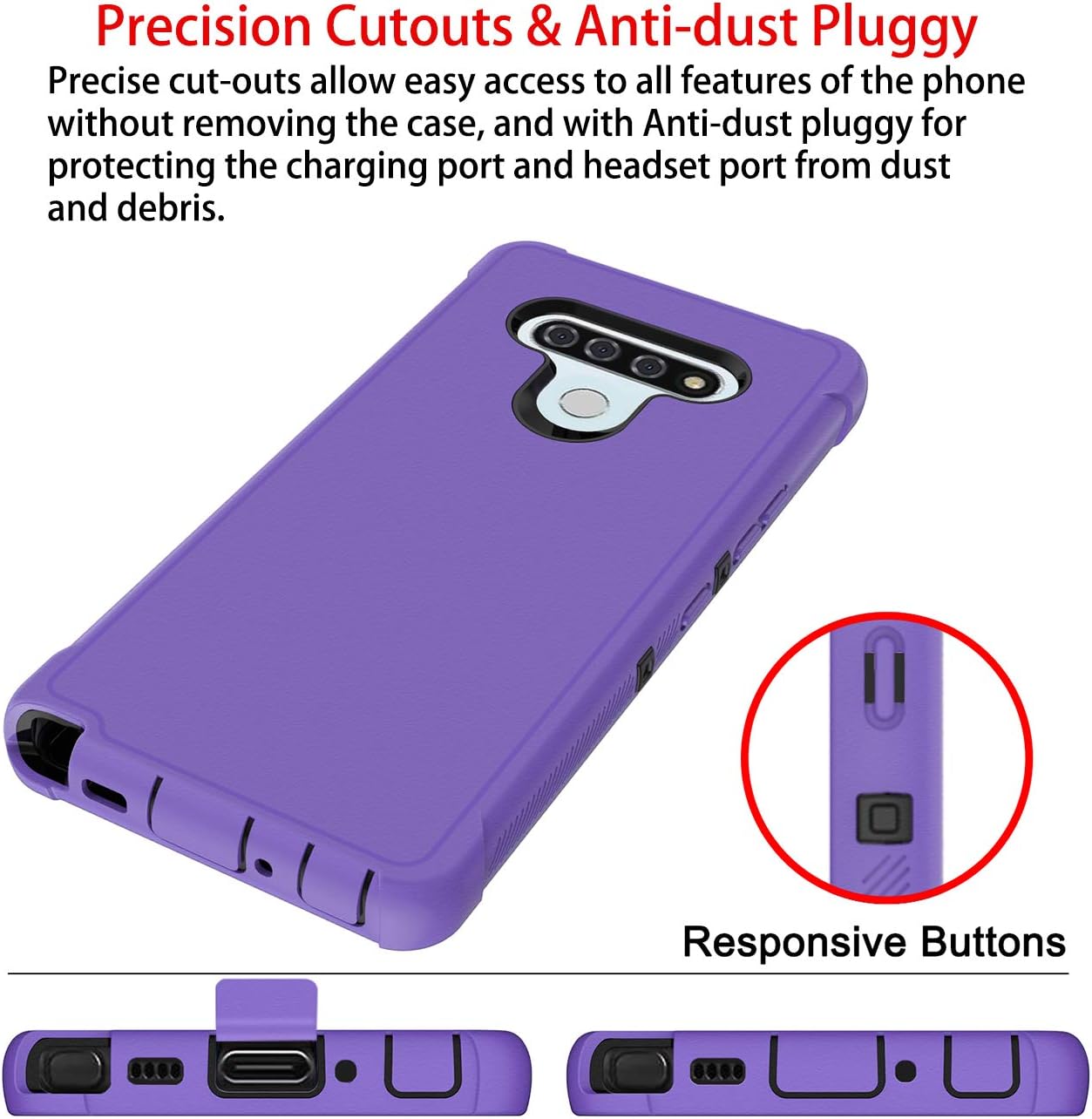 PhuLok Compatible with LG Stylo 6 Case with HD Screen Protector, Heavy Duty Armor Dual Layer Full Body Protective Shockproof Sports Anti-Scratches Non-Slip Bumper Rugged(Purple/Black)