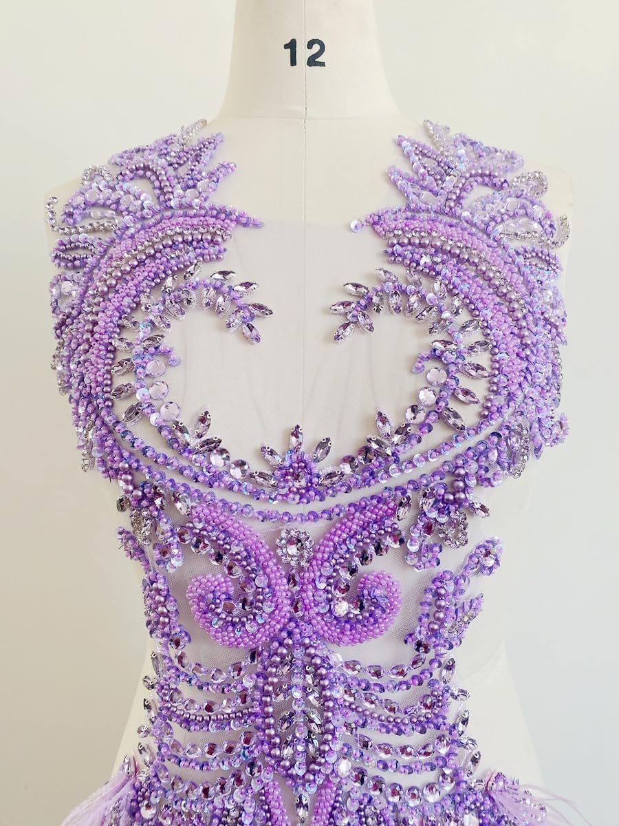 Handsewing Beads Trim Patches Rhinestones Bodice Applique with Ostrich Fur Decoration Shining Dress Clothing Accessories 14X25in (Light Purple)