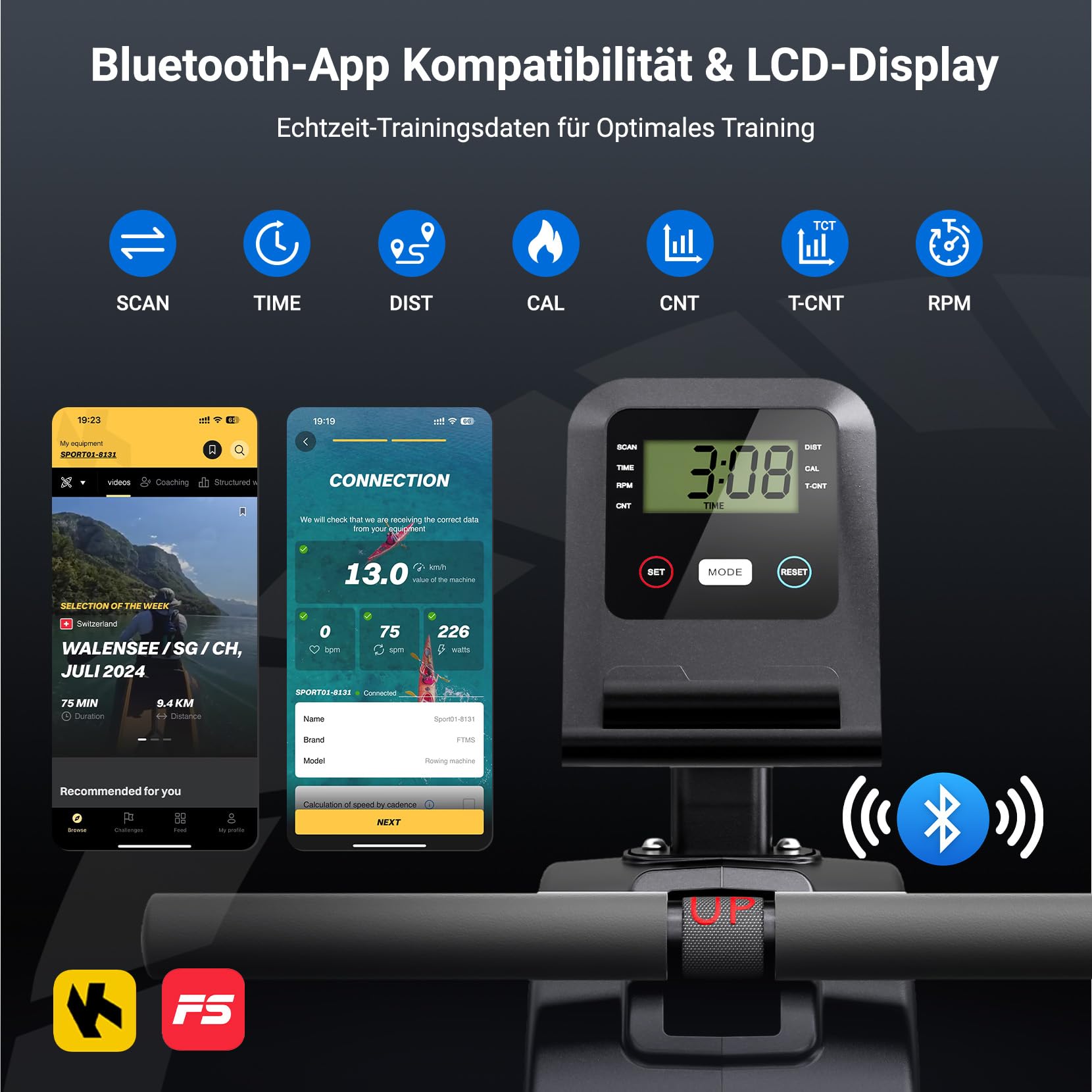Dripex Rudermaschine für Zuhause Klappbar, Magnetwiderstand 16 Stufen, Stabile Doppelgleitschiene mit ruhigem Lauf, Bluetooth APP Anbindung & LCD Display, Bis 130kg Belastbar für jeden Fitnesslevel