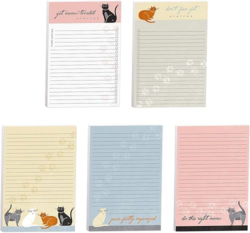 Cat Puns - Juego de bloc de notas diarias, listas de prioridades de relleno de notas adhesivas de 4 x 6 pulgadas, cinco diseños felinos únicoslistas