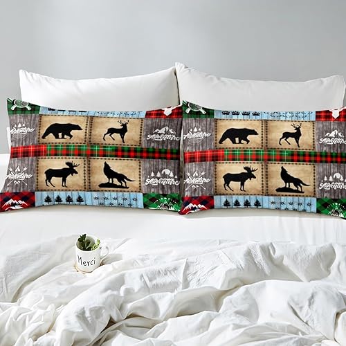 Miniatura 5 de Juego de funda de edredón para niños de ciervo, oso, lobo, tamaño matrimonial, juego de ropa de cama de cabaña de aventura para niños, niñas,
