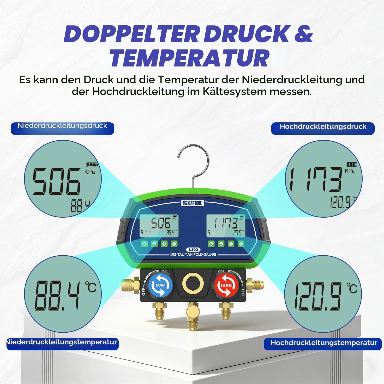 MR CARTOOL Digital Monteurhilfe L302 Kältemittelanzeige HVAC Messgerät R134A R32 R410A 90 Kältemitteln Vakuumpumpe