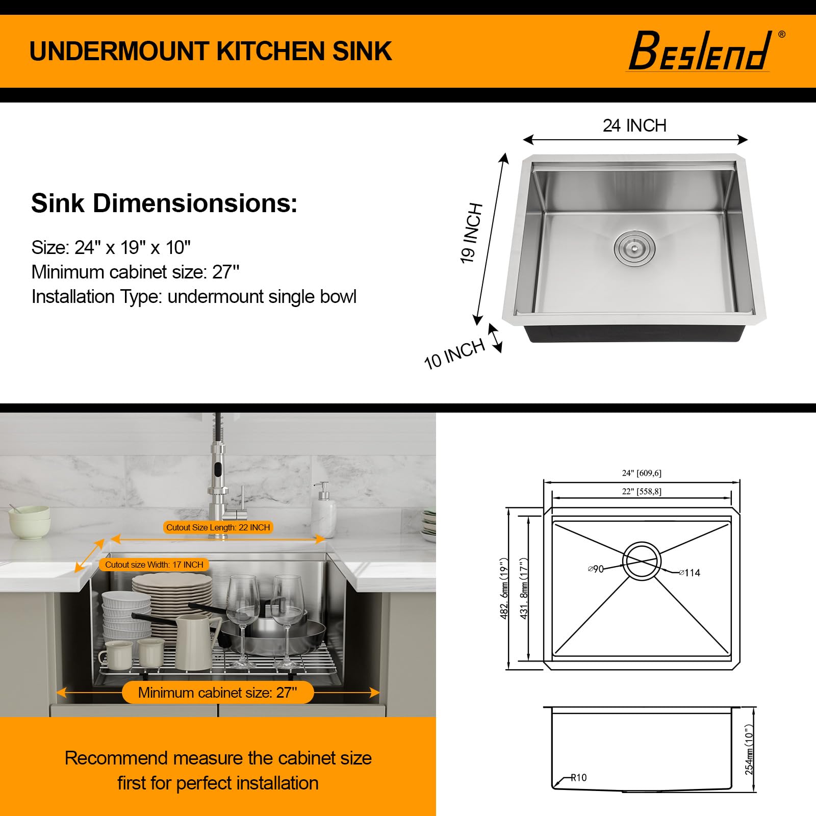 24 Inch Undermount Workstation Kitchen Sink - Beslend 24