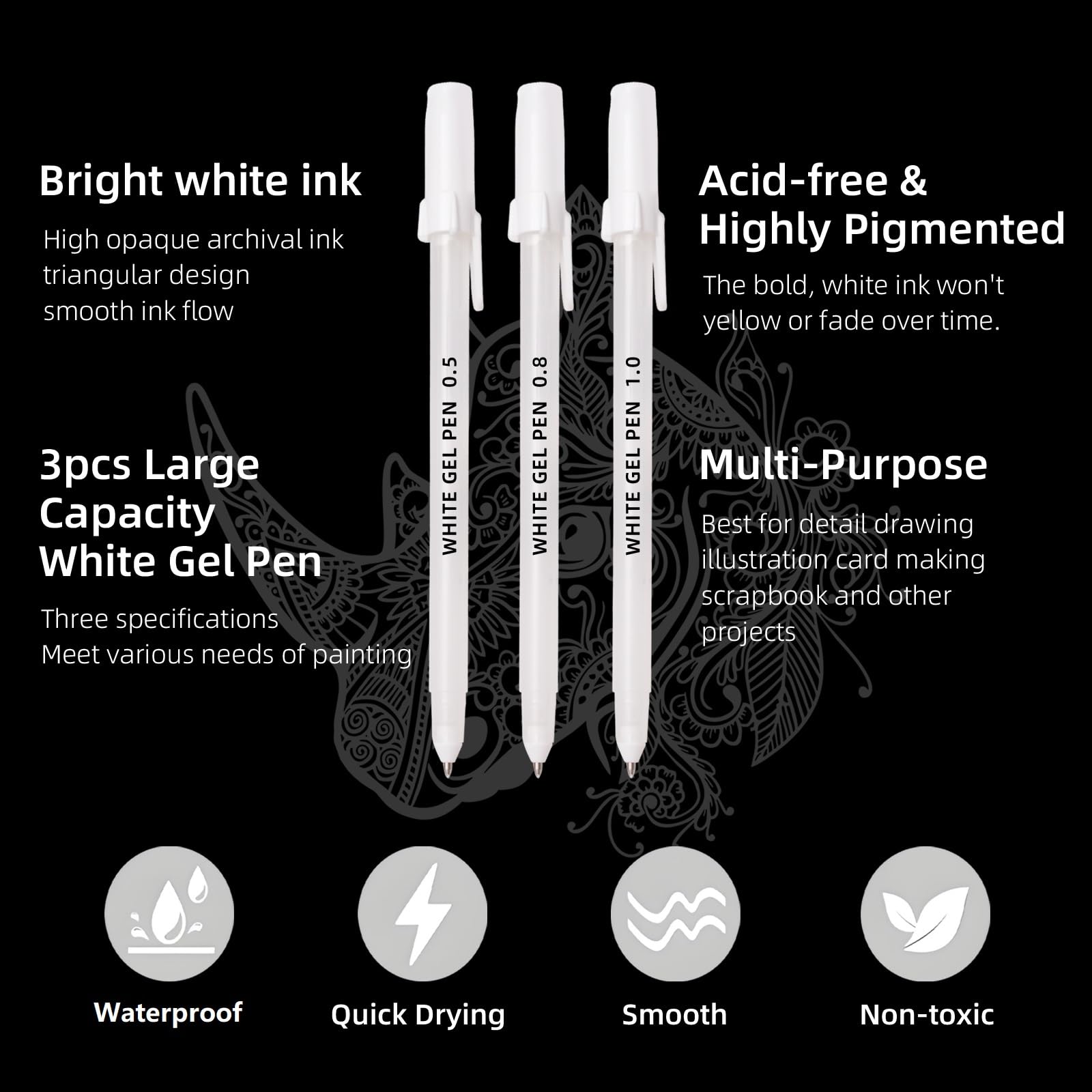 White Gel Pens 3 Tip Sizes Pack Fine 0 5mm Medium 0 8mm Bold 1 0mm White Ink — view 5