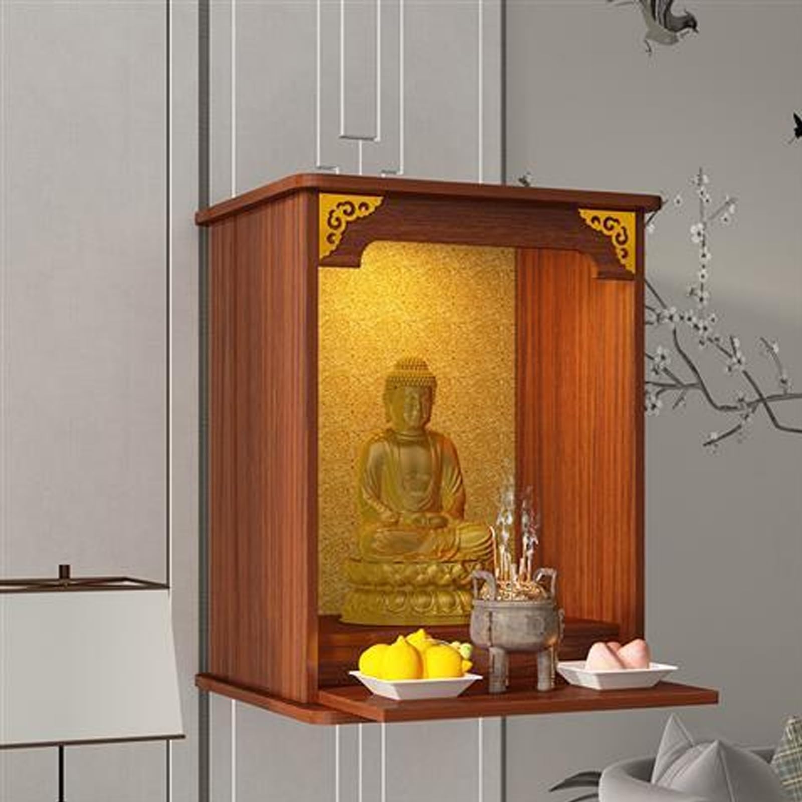 JNTFNE Buddha Altar Shelf, Chinese Buddhist Cabinet, Wall Mounted Shrine with Pull-out Storage Panel, Meditation Table, Puja for Home or Temple Worship(Brown,50x36x66cm/20x14x26)