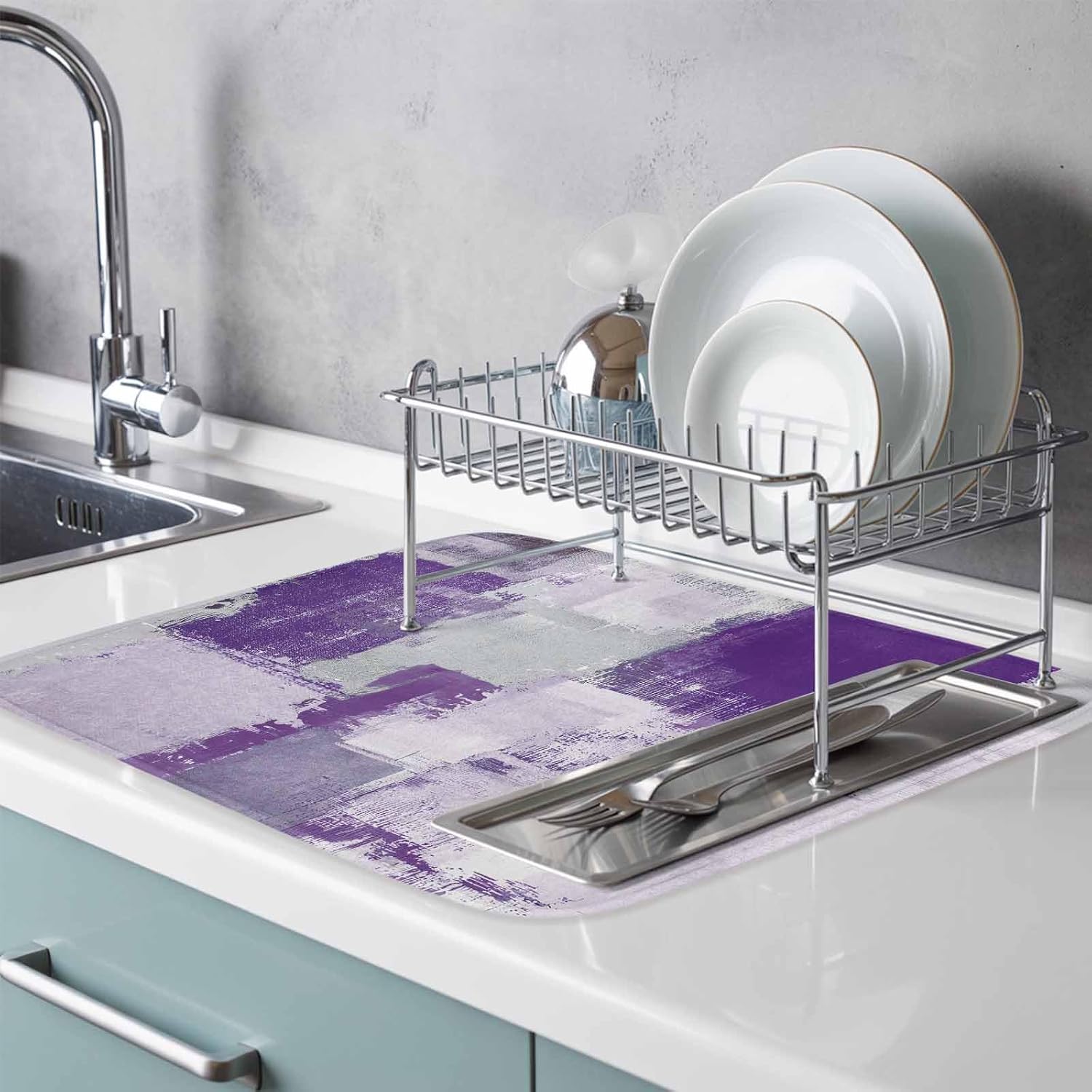 Abstract Purple Color Block Dish Drying Mats for Kitchen Counter,Absorbent Microfiber Dish Drainer Rack Mat Watercolor Geometric Graffiti Style Drying Pad for Sinks,Utensils,Countertops,18x24in