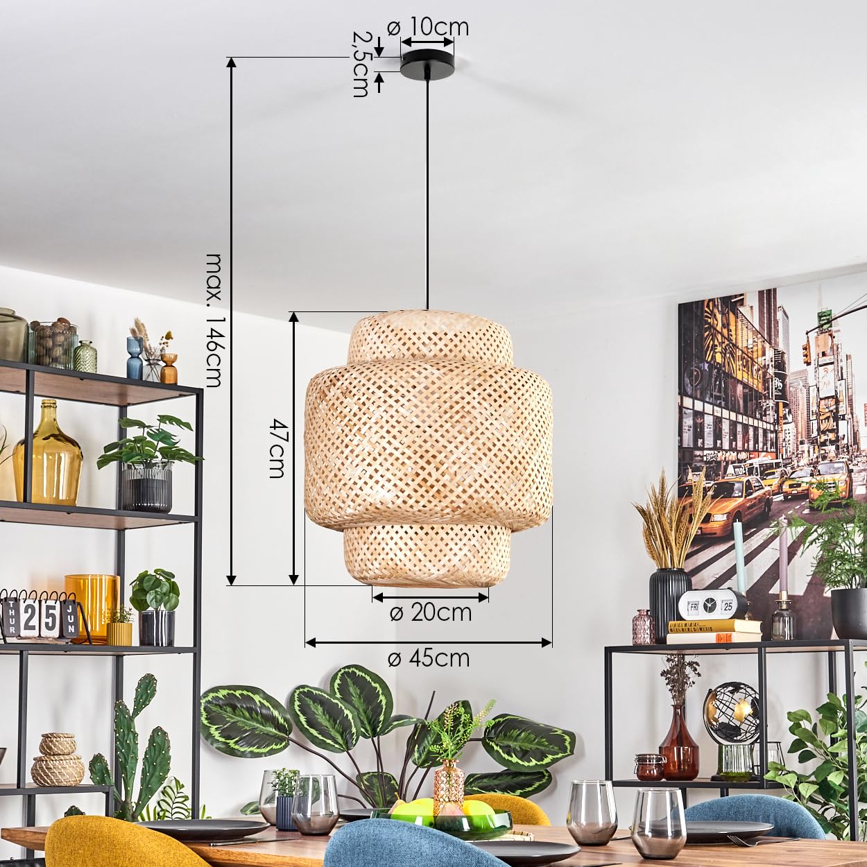 Lámpara de techo Vireda HOFSTEIN, moderna de metal/bambú en blanco/natural, diseño boho, pantalla con efecto de rejilla (Ø 45 cm), altura ajustable máx. 146 cm, E27, salón, comedor, cocina, pasillo