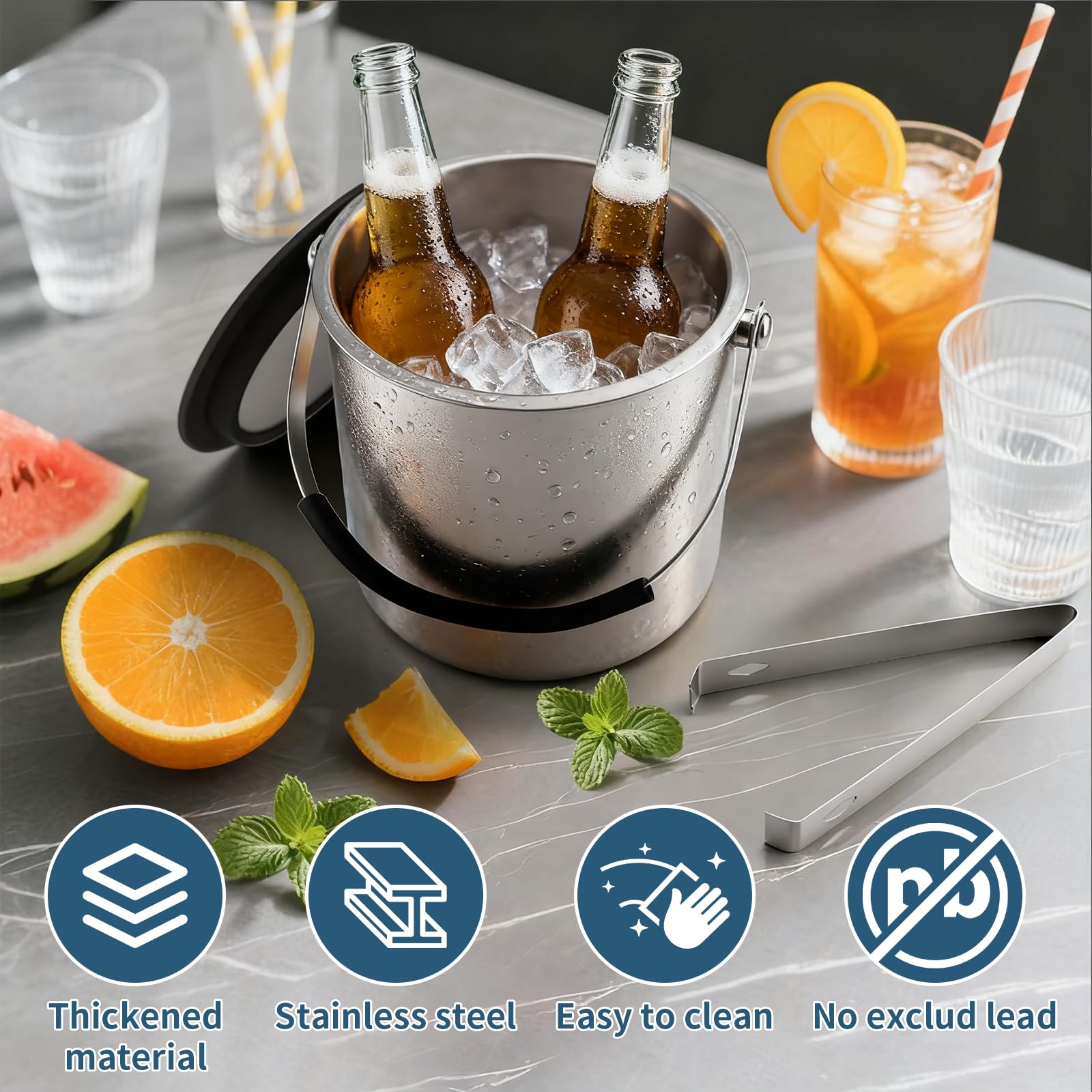 Eiswürfelbehälter Edelstahl, Eiskübel mit Deckel, Eisbehälter für Eiswürfel Eiskübel mit Clips, Sieb und Schaufel, Perfekt zum Abkühlen von Getränken, Ice Cube Tray, Bier, Sektkühler (3L)