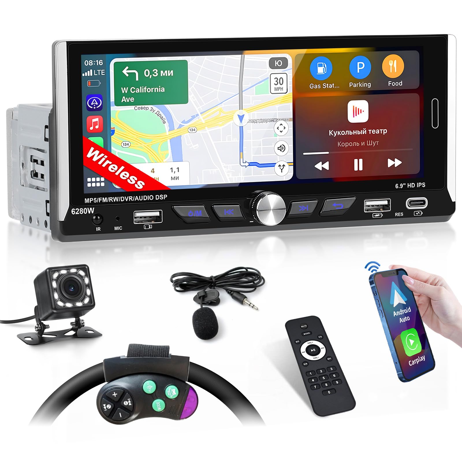 Inefala Autoradio CarPlay 1 DIN avec Wireless Carplay et Android Auto sans Fil, Radio avec écran 6,9 Pouces avec Bluetooth, Mirror Link, Compatible FM/RDS, EQ, USB, Type C, Recharge USB