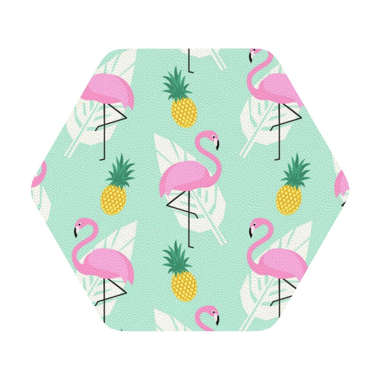 pink flamingo pineapples PU Leather Coasters Set of 6 Hexagon Drink Coasters