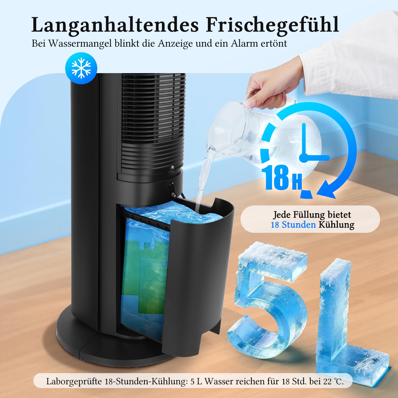 Taylor Swoden Turmventilator mit Wasserkühlung leise, 5-in-1 Luftkühler mit ION-Technologie & Aromadiffuser, 5L Wassertank, 75° Oszillation, 3 Geschwindigkeiten/Modi, 7h Timer, Fernbedienung, Schwarz