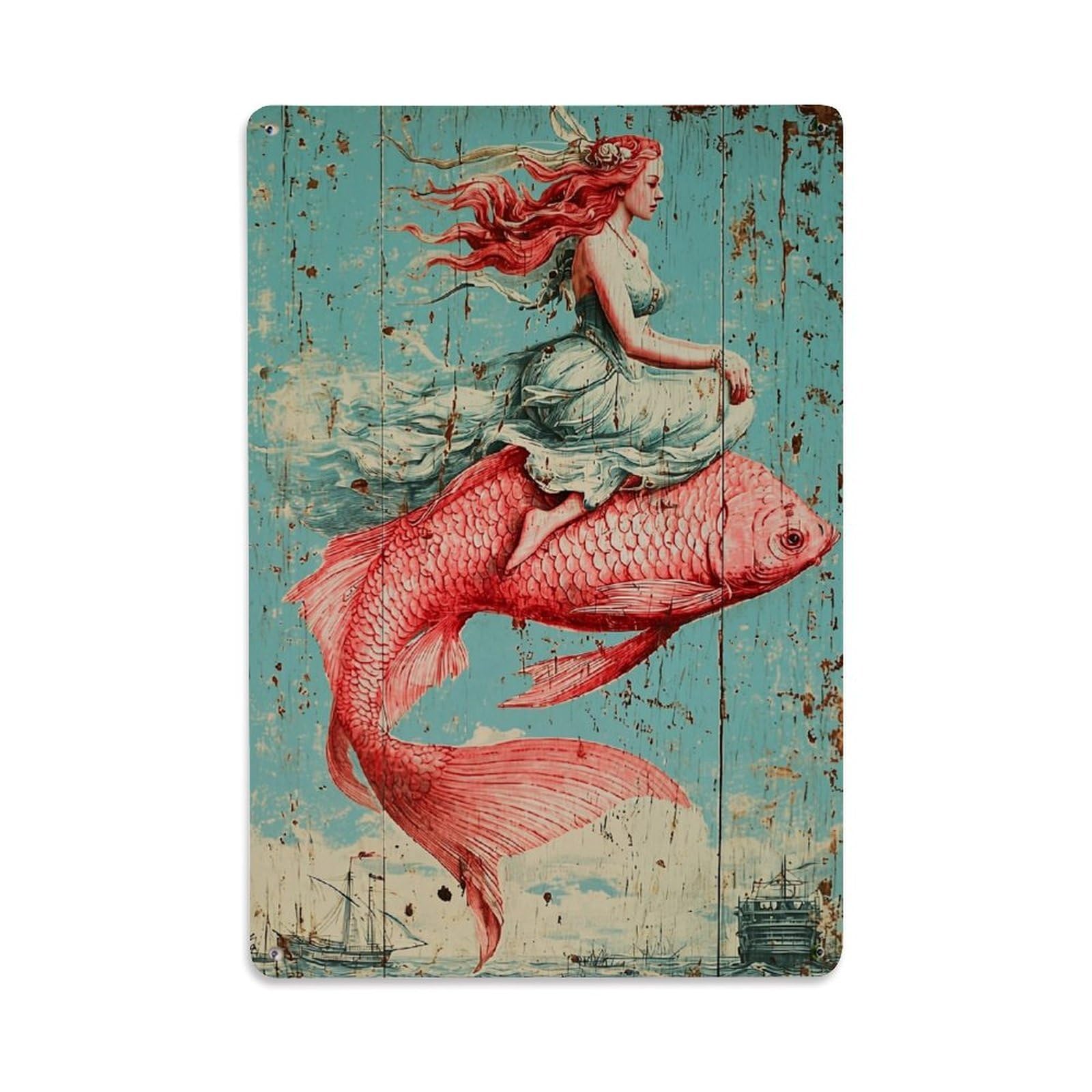 Jdfenggu Vintage Mermaid Riding Red Fish Retro Metal Tin Sign, Decor Art Poster For Bar, Home, Man Cave, Kitchen, Laundry Room Gift 8X12inch