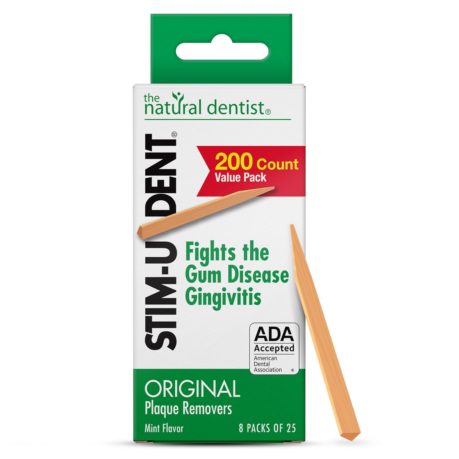 The Natural Dentist Stim-U-Dent Mint Dental Picks Wooden Toothpicks for Food Plaque Removal Refreshing Mint Flavor Travel-Friendly 8