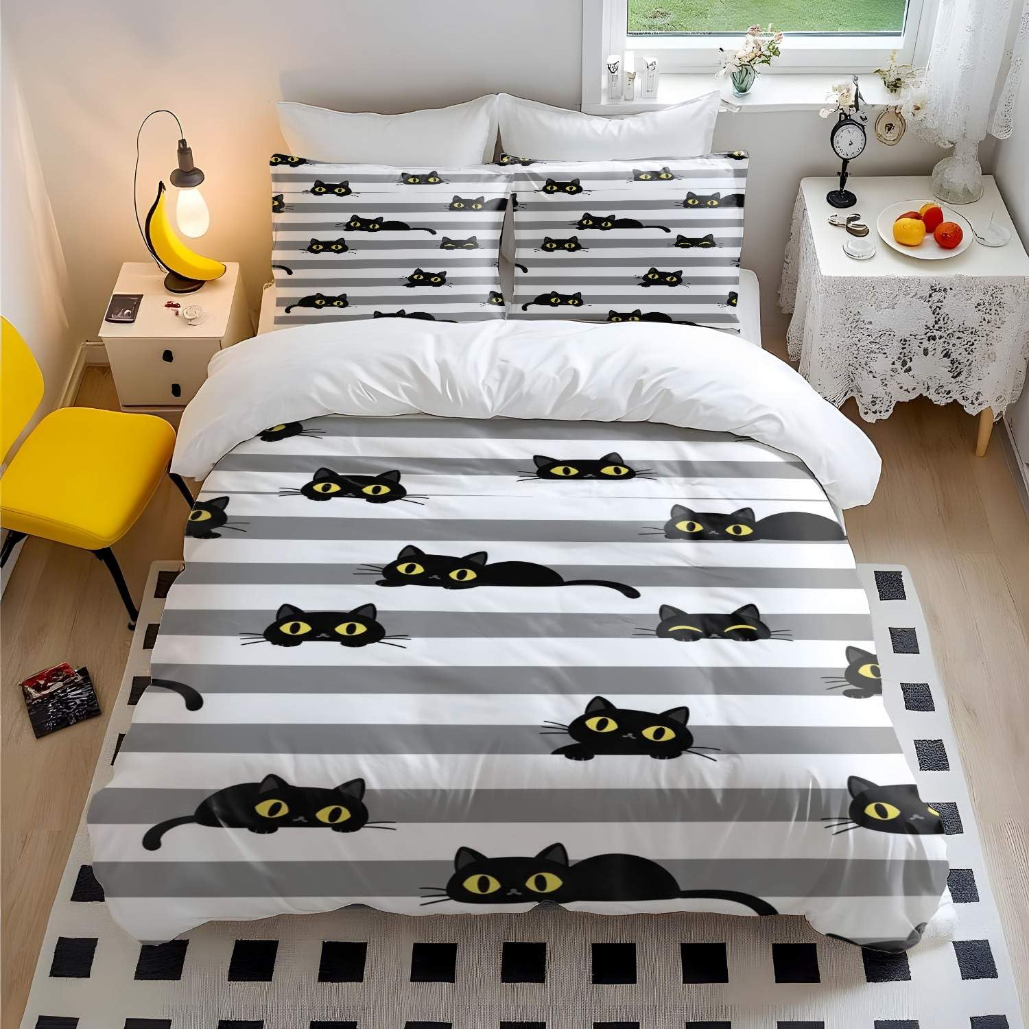 Housse de couette chat noir effet marbré craquelé 3D pour une décoration de chambre moderne
