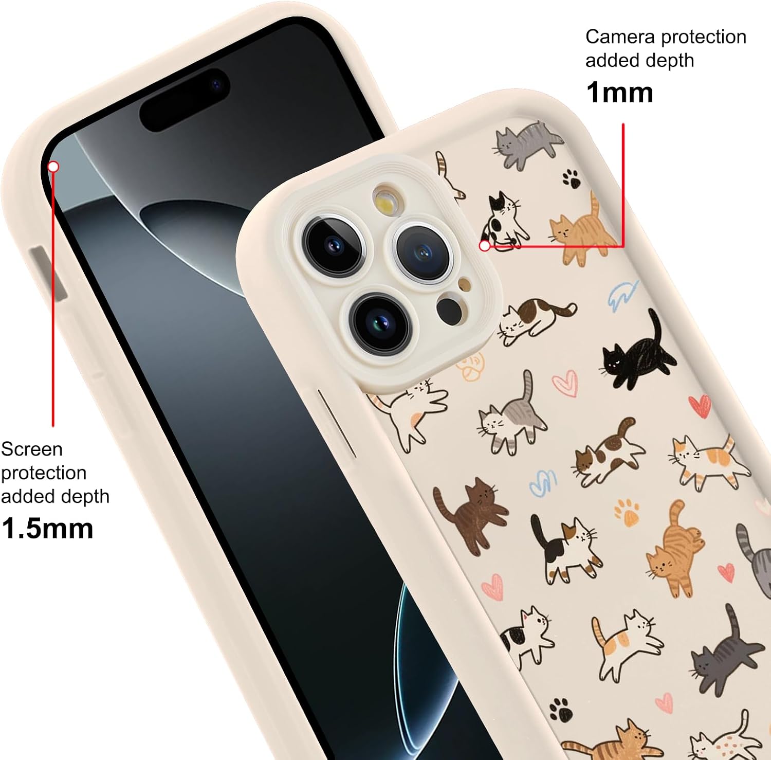 Cute Phone Case for iPhone 16 Pro 6.3", Aesthetic Heart Cat Pattern Cartoon Design Girls Women Cover, Cartoon Fashion Soft Slim TPU, Full Camera Lens Protective Silicone Funda for iPhone16 Pro image 3