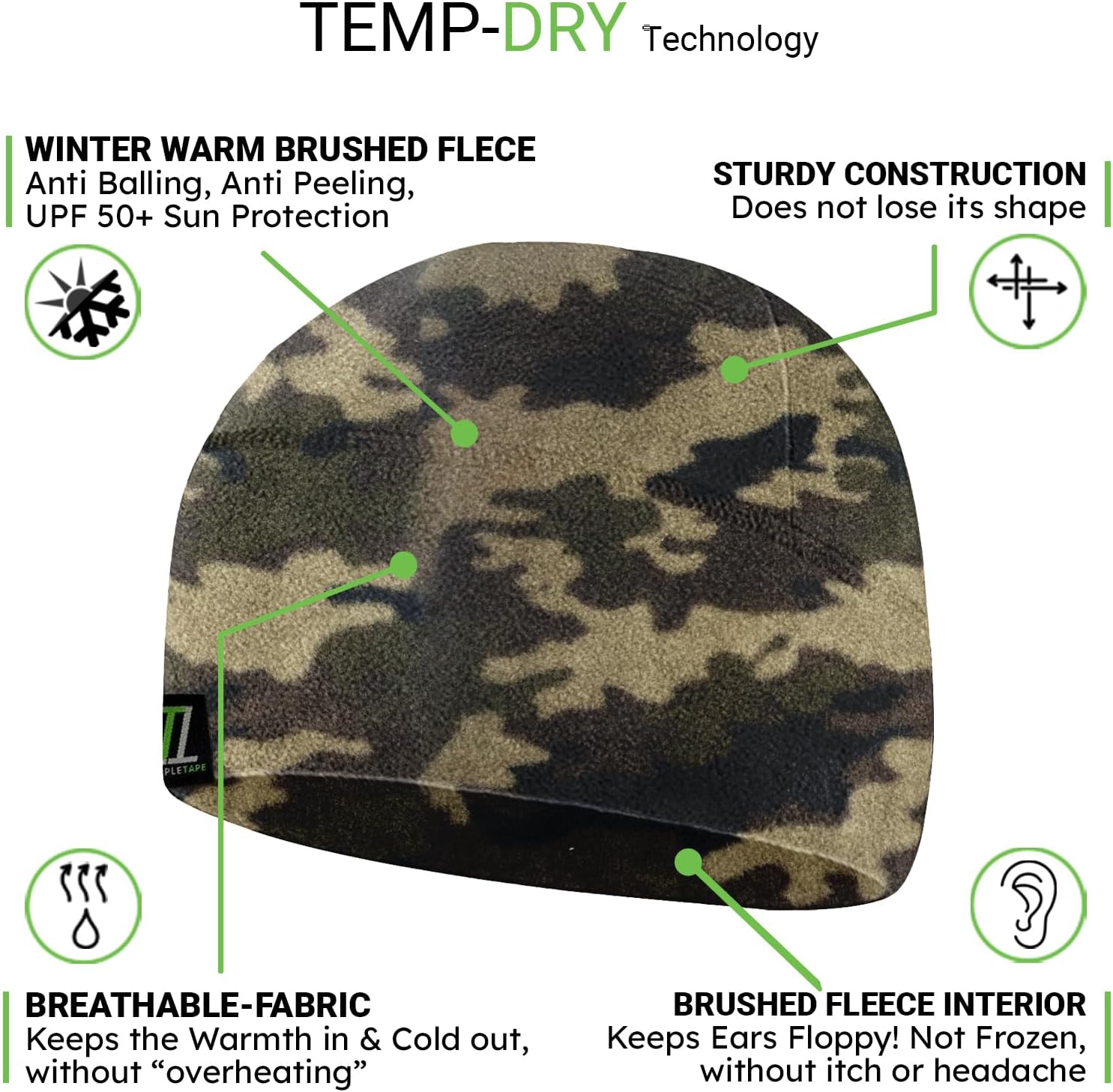Temple Tape Tactical Fleece Watch Cap Beanie – Skull Cap Fleece Hat - Mens & Women - Image 3