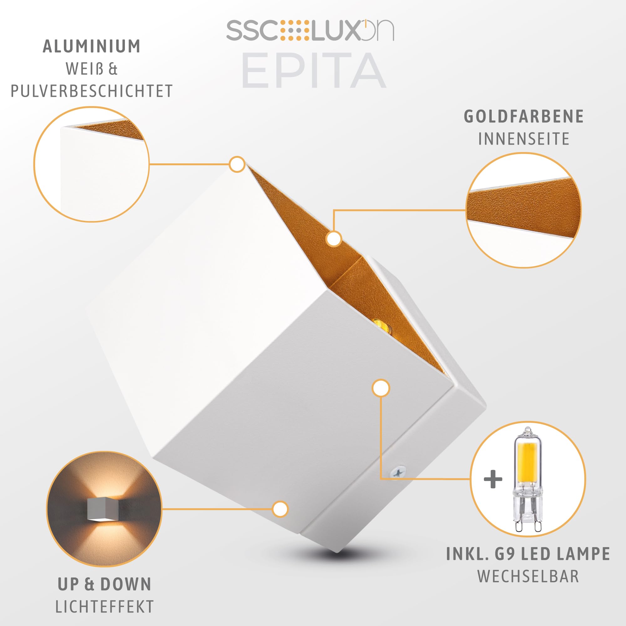 SSC-LUXon EPITA 4x LED Wandstrahler Up Down Schatteneffekt – mit G9 Leuchtmittel dimmbar warmweiß 3W – Wandlampe für Flur & Wohnzimmer