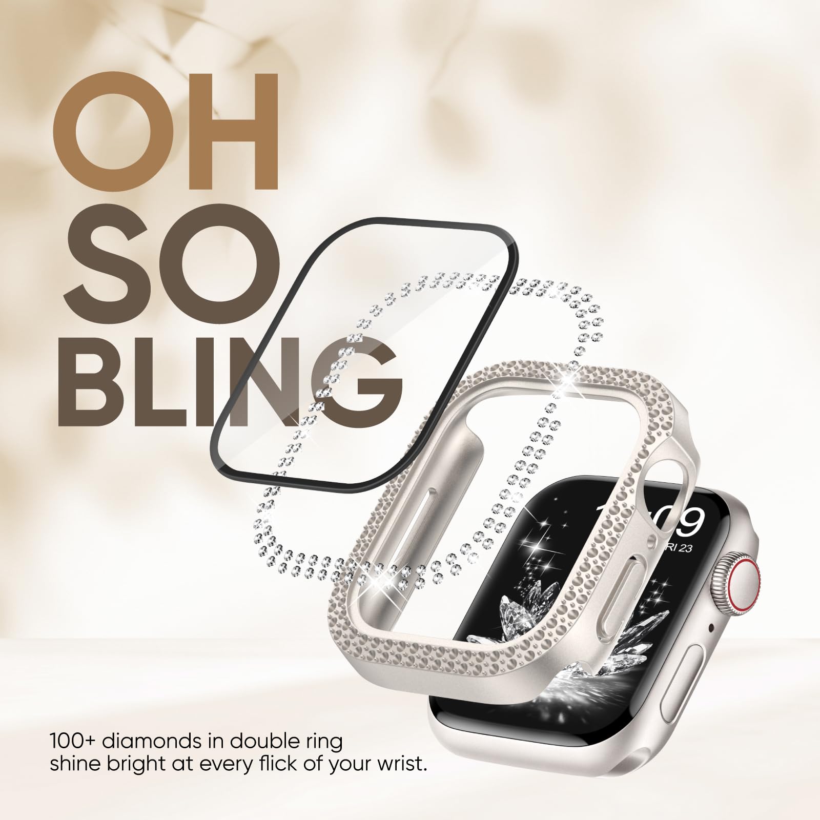 Compatible con correas de Apple Watch de 40 mm, 41 mm, 44 mm, 45 mm, 42 mm, 46 mm, con protector de pantalla para mujer, correa de silicona con diamantes brillantes, cubierta protectora de vidrio