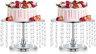2 Pcs Silver Metal Mirror Cake Stand Set with Crystal Pendants - 11.8"W Elegant Dessert Table Display for Weddings, Birthday Parties, Baby Showers, Events - Sturdy Crystal Bling Cupcake Stands for Pastries, Sweets, Decorations