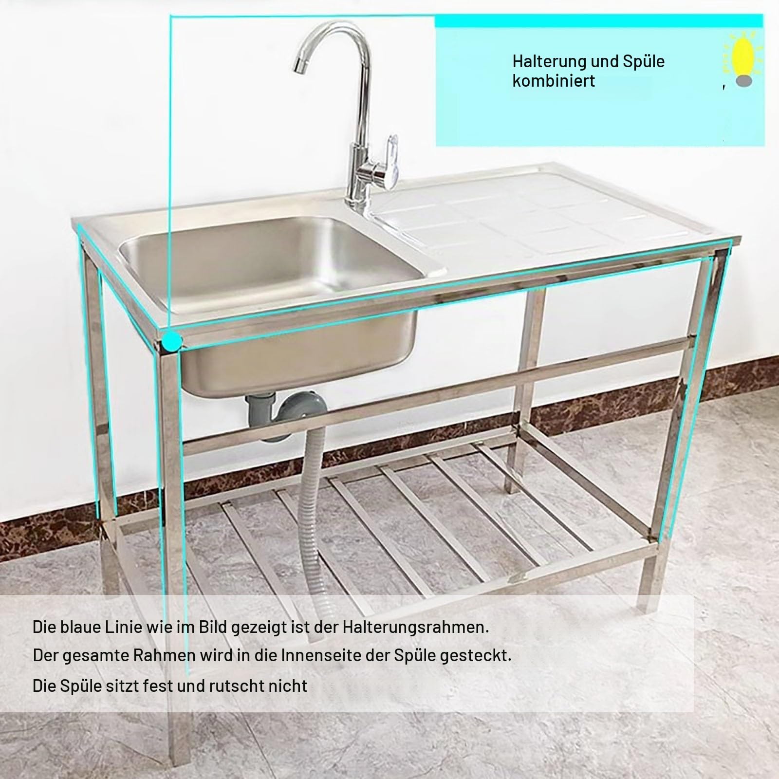 Gewerbliche Freistehende SpüLe Mit Ablagefächern Mobiles Spültisch Edelstahl Mit Werkbank Tragbare SpüLe Mit Wasserhahn Gartenwaschbecken Für Waschküche Garage Küche Werkstatt Innen ( Size : 29.5x19.5