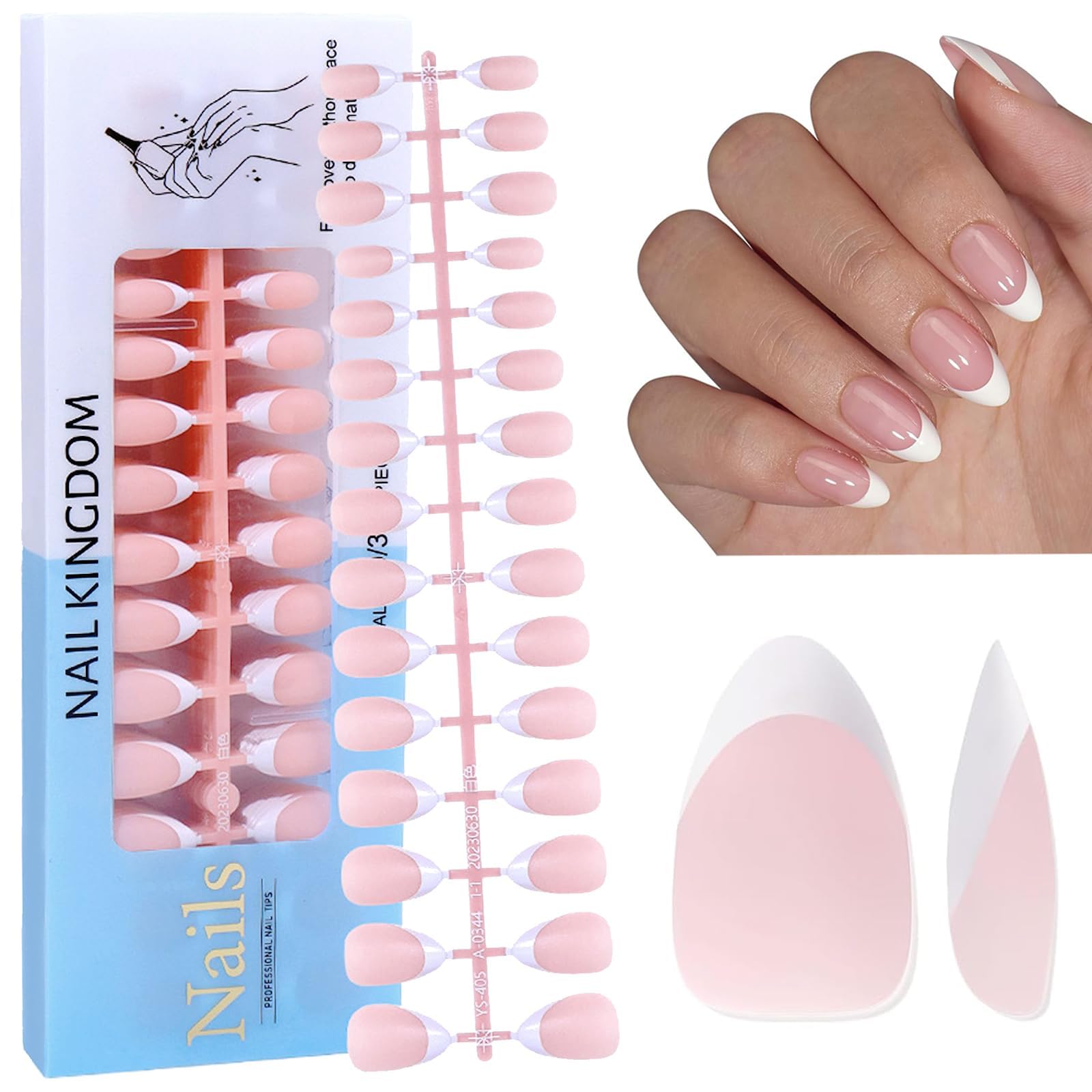 OSHIMA Full Coverage False Nails French White Edge Fake Nails Fake Acrylic Nail Short Almond Gel Nail Tips for Nail Art DIY Nude Pink False Nails White Tip 15 Sizes Pre-applied Tip Primer & Base Coat