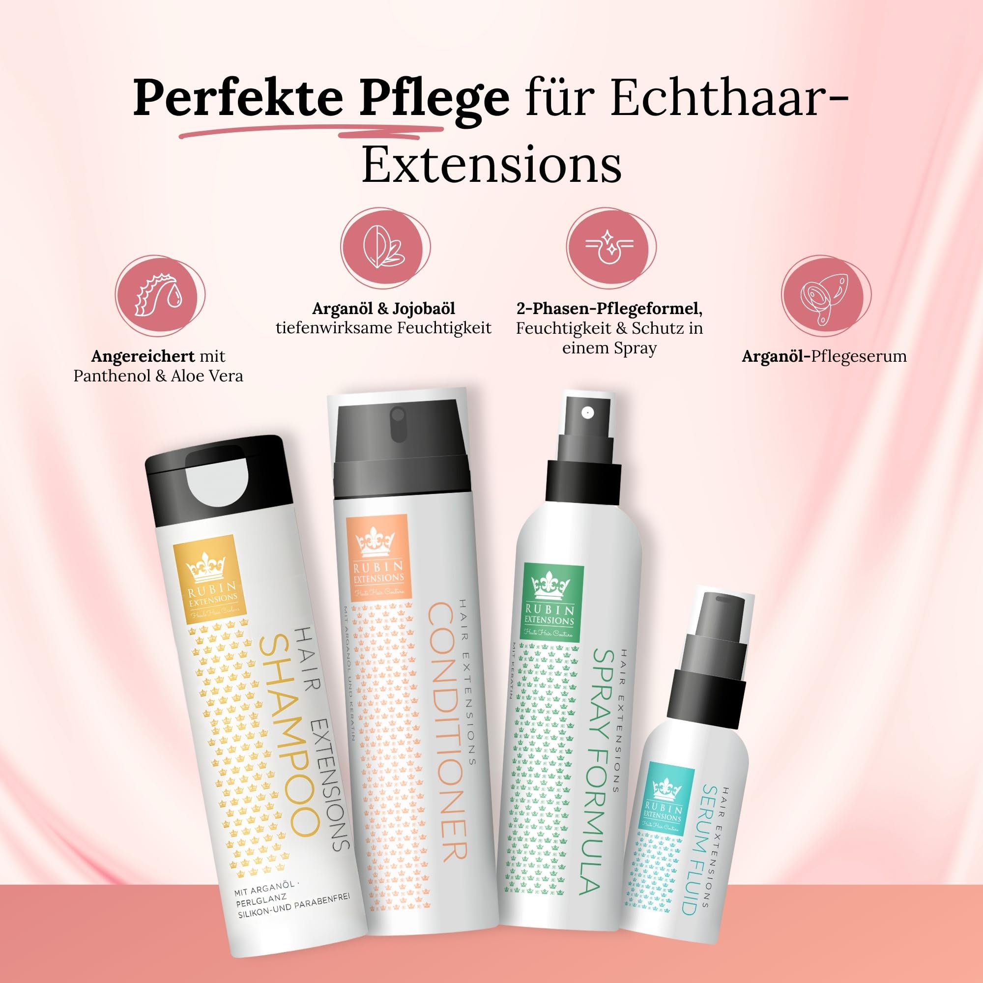 Rubin Extensions Komplett-Pflegeset – Conditioner 200 ml, Shampoo 250 ml, 2‑Phasen Spray 200 ml & Haarserum 50 ml – Extensions Pflege für Haarverlängerungen, Echthaar & Perücken – Sulfatfrei, Keratin