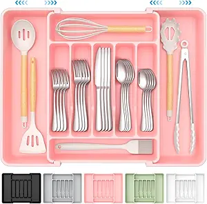 Extra Large Expandable Silverware Organizer, BPA-Free Food-Safe Cutlery Flatware Organizer, Kitchen Utensil Drawer Organizer, Adjustable Silverware Holder for Spoons Forks Knives, Pink