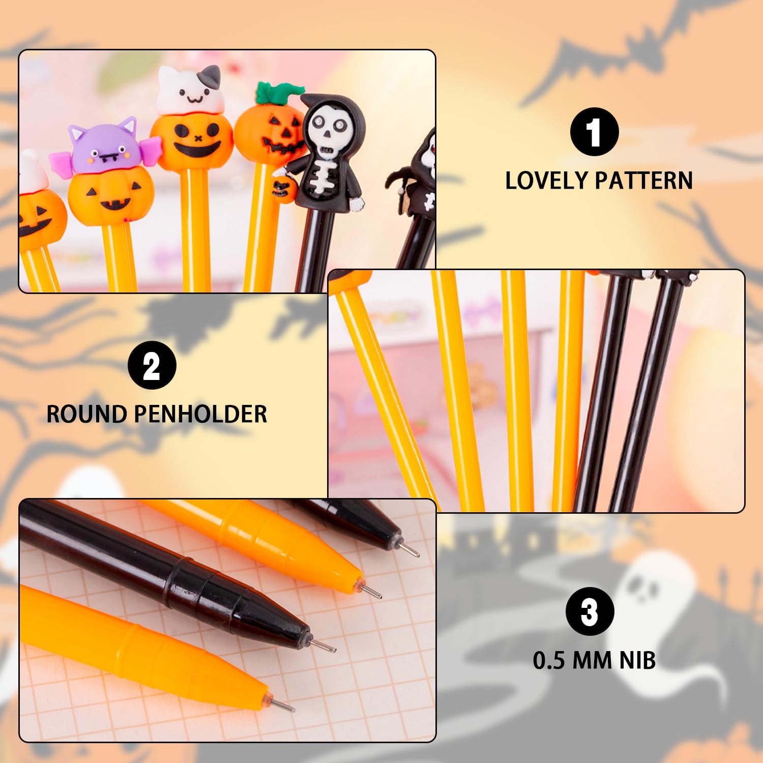 Fuutreo - 24 Bolígrafos Esponjosos De Halloween, Diseño De Calabaza, Fantasma, Murciélago, Gato, Pompones, Lindos Bolígrafos Peludos