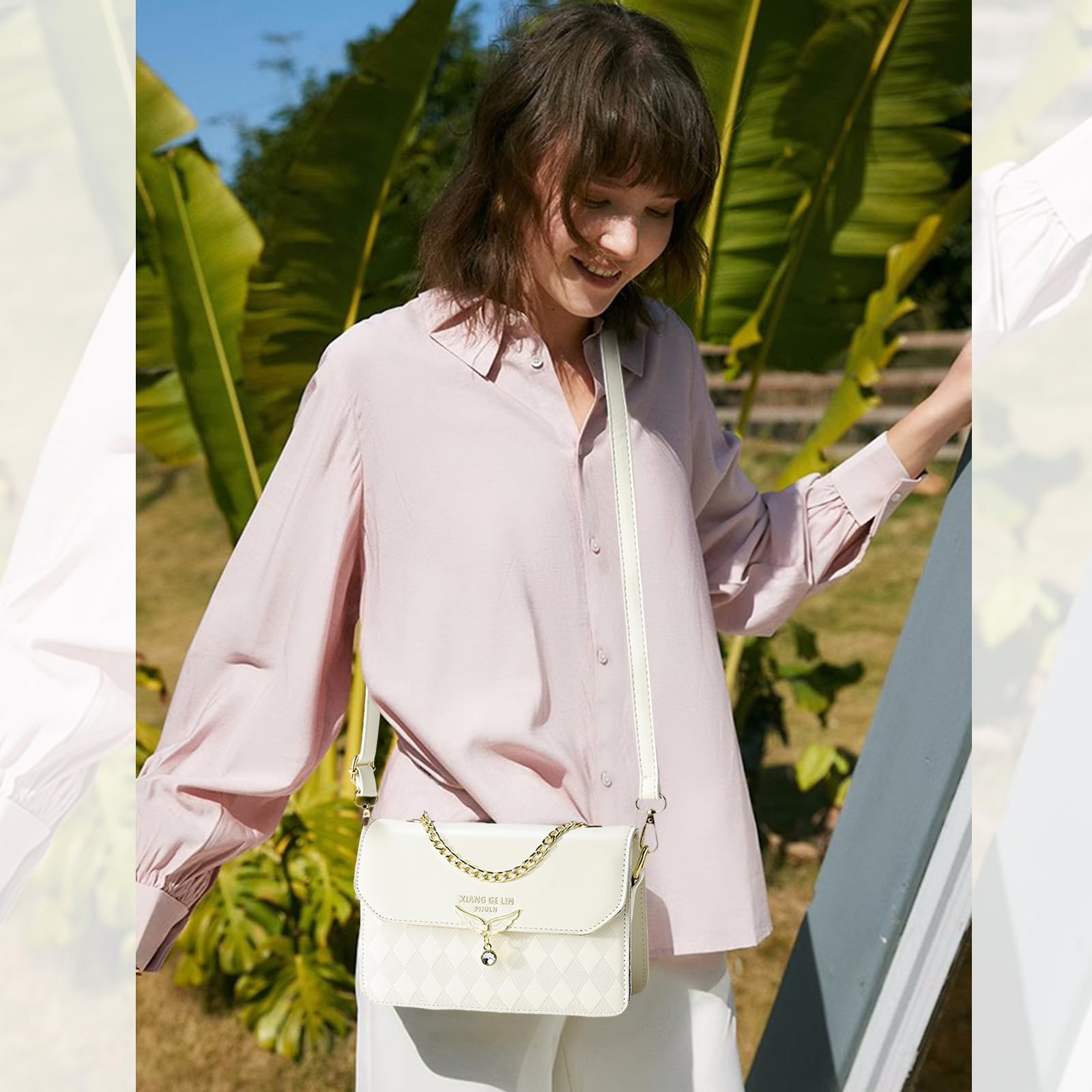 NICOLE & DORIS Crossbody Bags for Women Chain Handle Handbags Mini Shoulder Bag Patchwork Beige-Checked