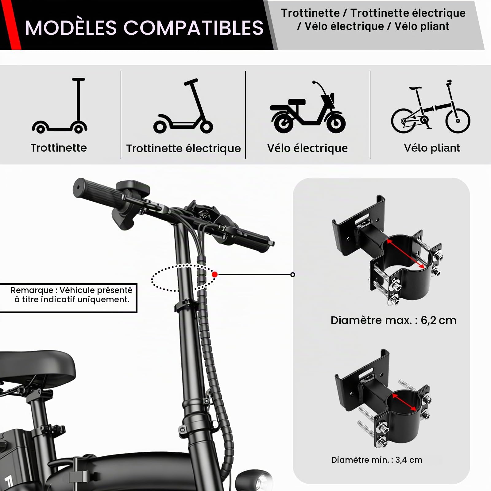 Panier Avant Trottinette Électrique, Panier de Guidon Amovible | avec Fixation Rapide, Compatible Guidon 34–62mm, Charge Max 15kg, Panier Métallique Solide avec Poignée, 22x17x24,5cm