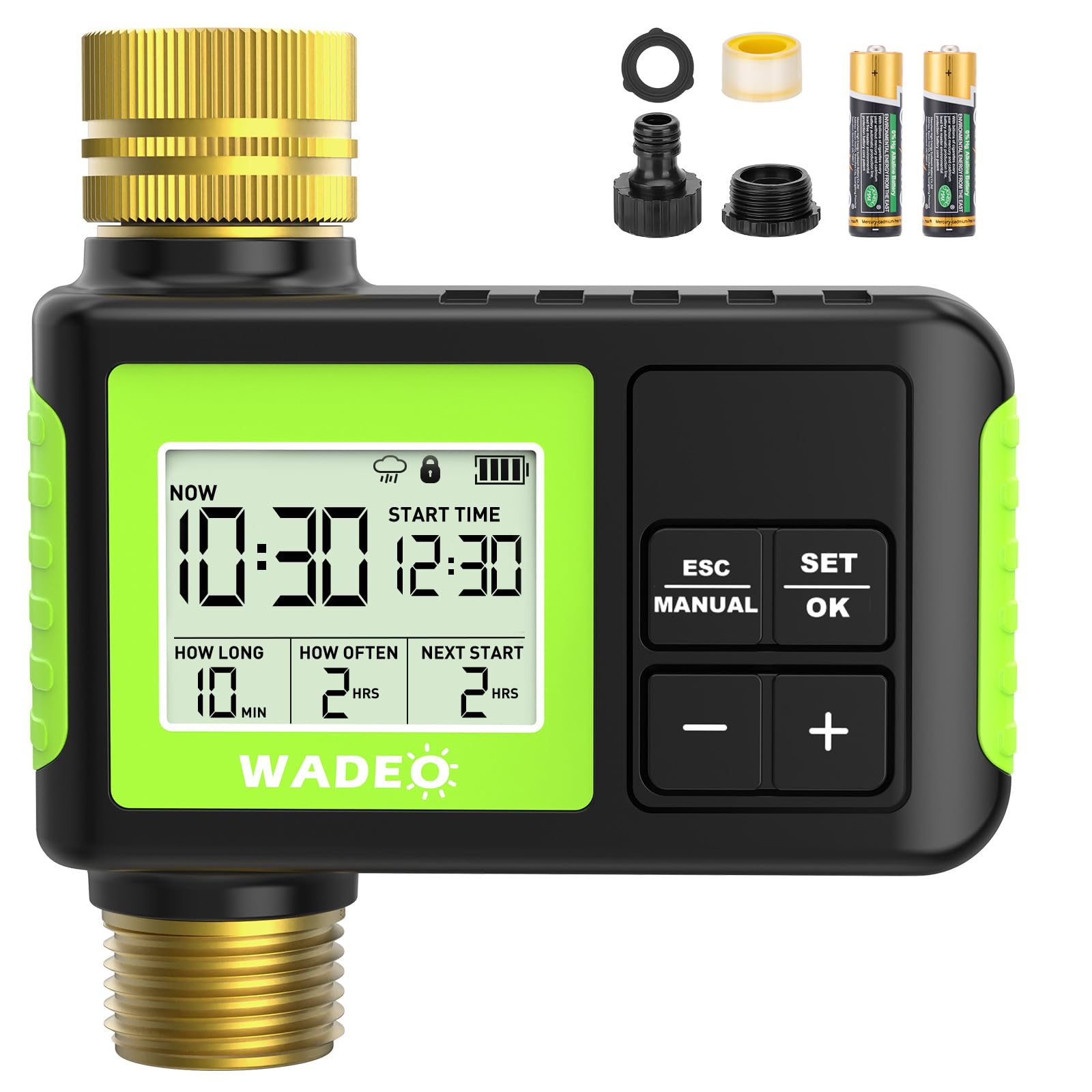 WADEO Water Timer for Garden Hose, Smart Hose Timer with Brass Inlet & Outlet, Programmable Irrigation System, Waterproof Sprinkler with Rain Delay, Large LCD Display