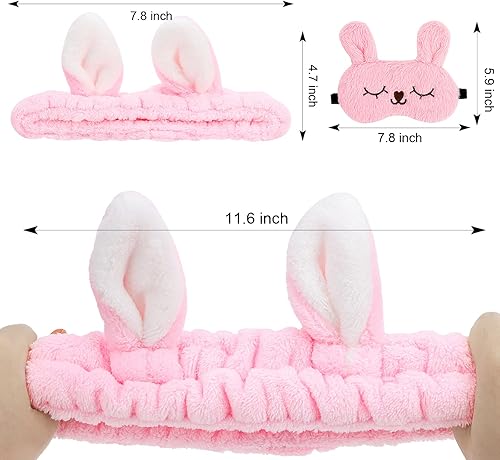 Miniatura 6 de Casoty Juego de 12 diademas de orejas de conejo con máscaras de felpa para dormir, recuerdos de fiesta de pijamas, diadema de maquillaje de