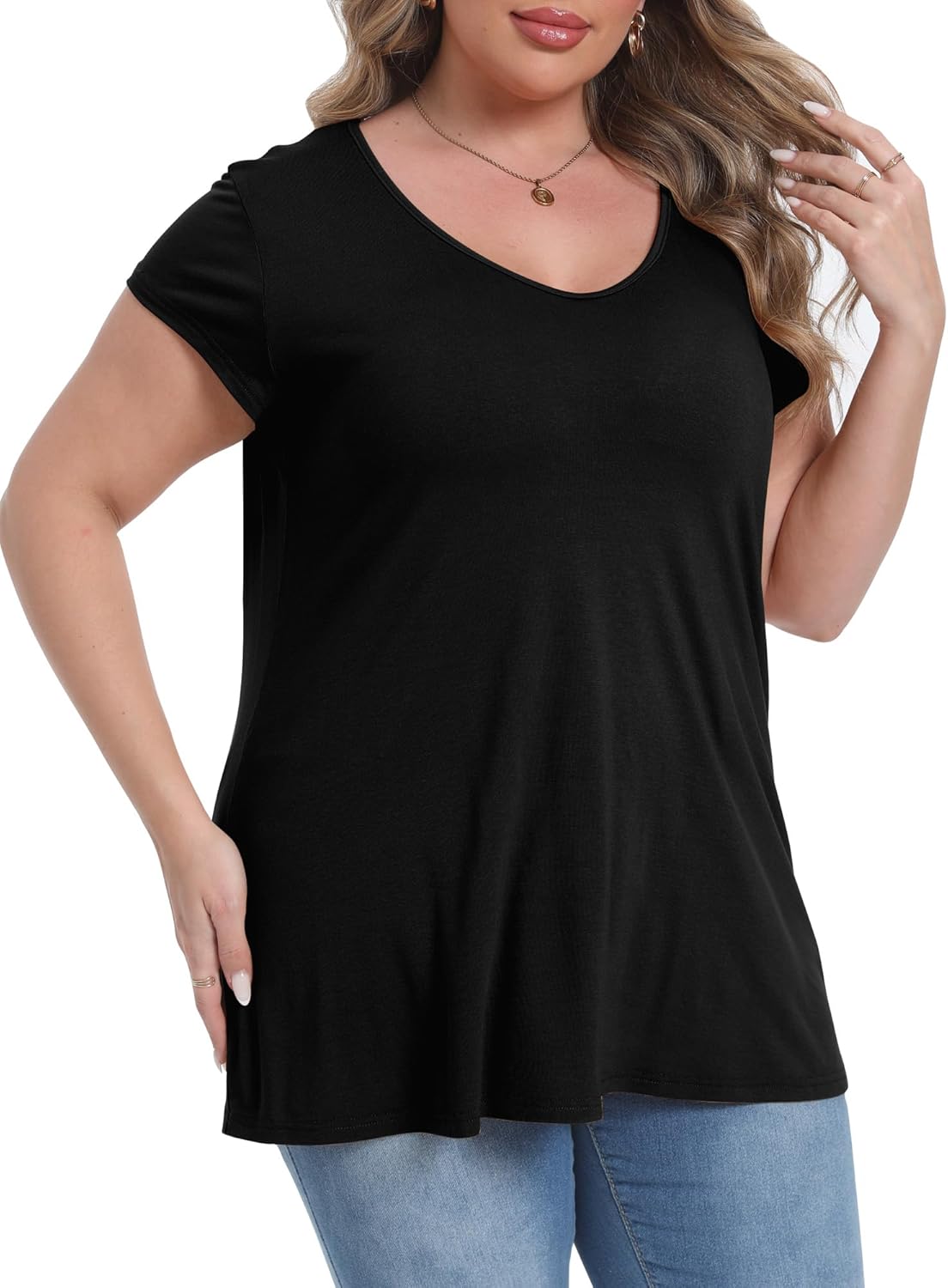 Plus Size Tops for Women Cap Sleeve V Neck Basic T Shirts Summer Casual Loose Dressy Tunic - Image 3