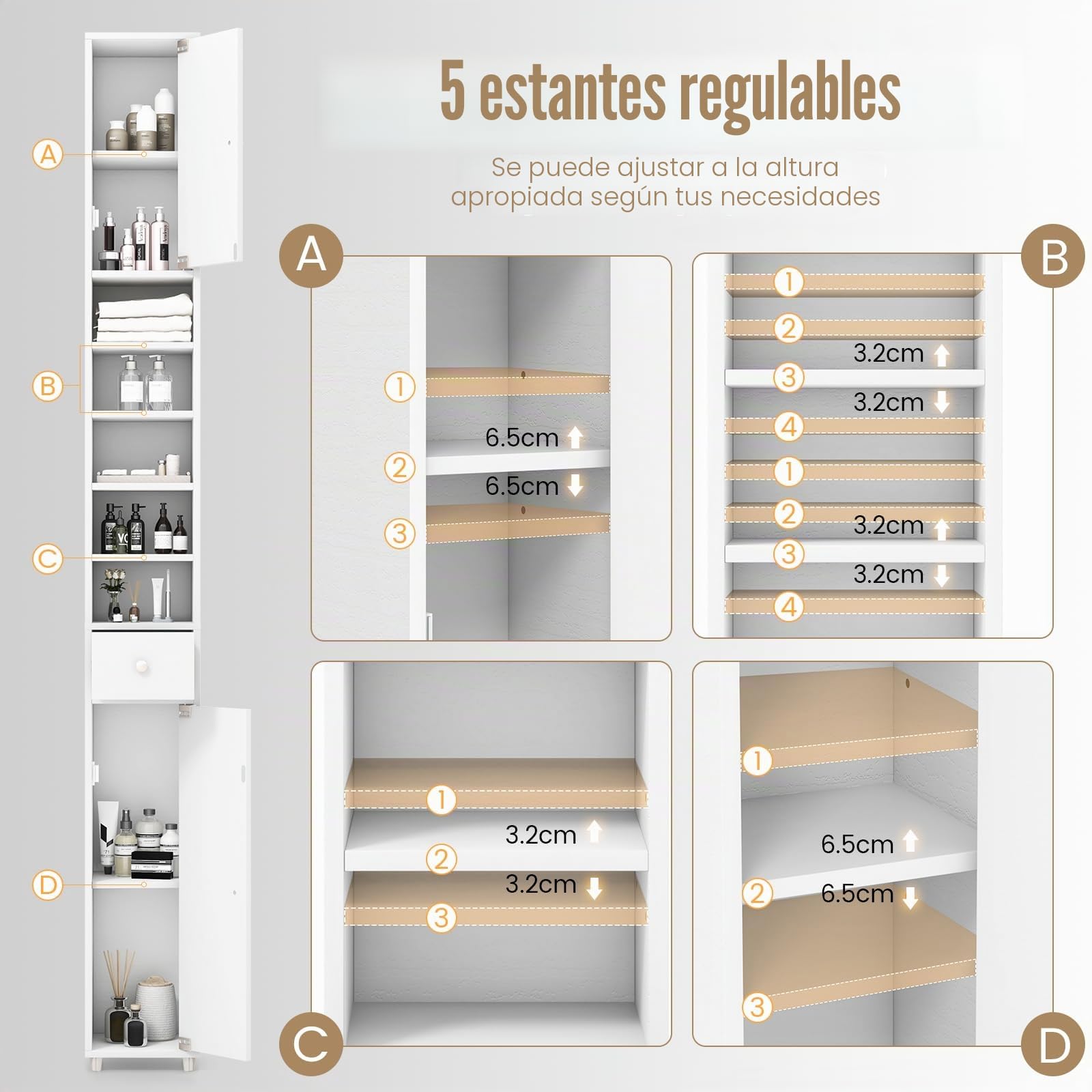 GIANTEX Armario de Baño Alto, Mueble Columna con 2 Puertas, 1 Cajón y Estantes Ajustables Abiertos, 20 x 20 x 180 cm, Mueble Auxiliar Estrecho para Salón, Dormitorio (5 Estantes, Blanco)