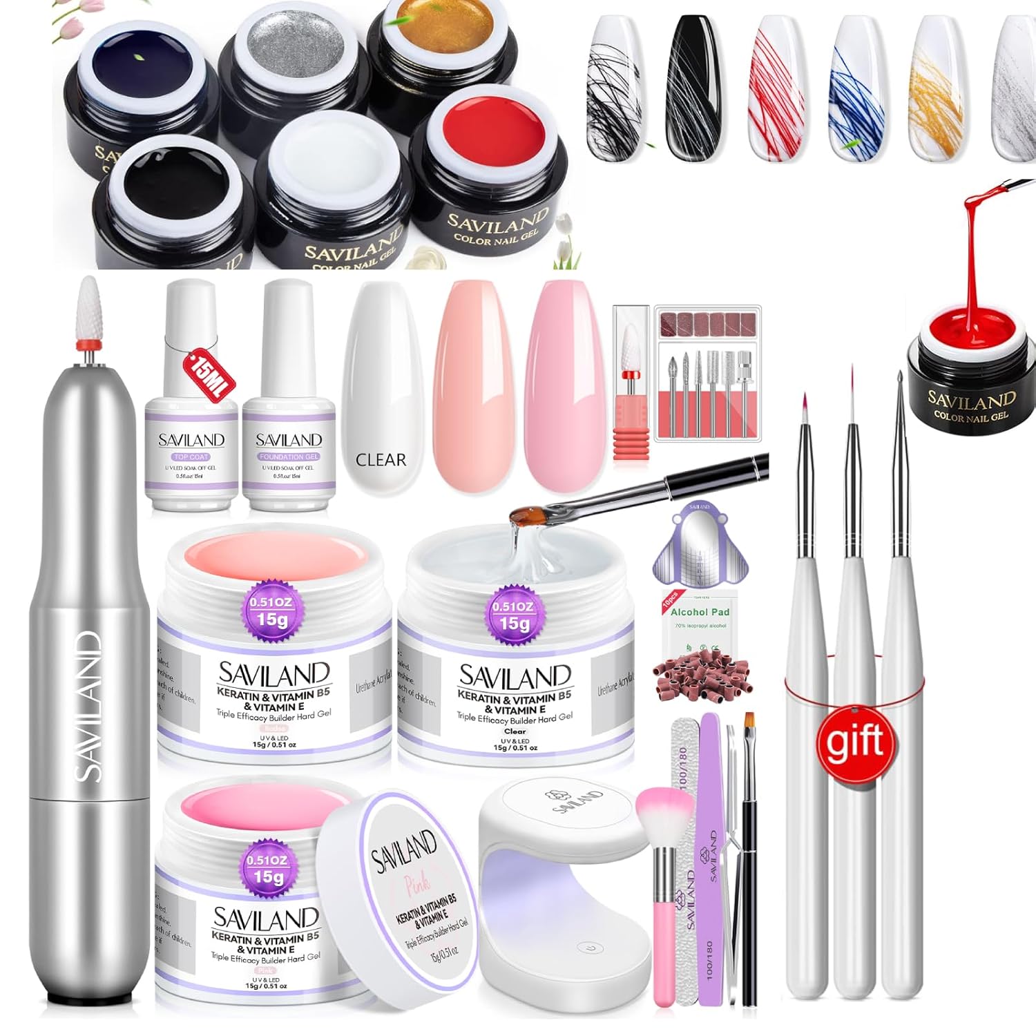 Saviland Builder Nail Gel Set with Nail Drill – 6 Colors Spider Gel with Nail Art Brushes 3Pcs Hard Gel(VE&VB5&Kerain) Clear Pink Nudes Builder Nail Gel with Lamp Nail Brush for Nail Extension Shaping