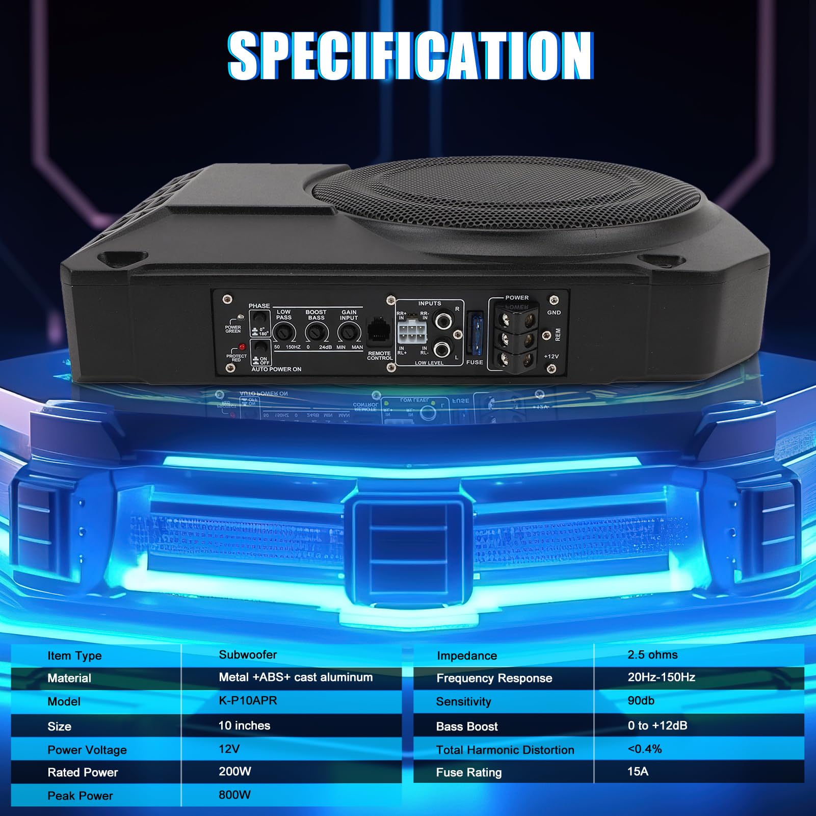 Altavoz de Graves Activo para vehículos, Caja de Graves Activa bajo Asiento de 10 Pulgadas, Ultrafina, 800 W, 2,5 ohmios, con Controlador para de Audio de vehículo