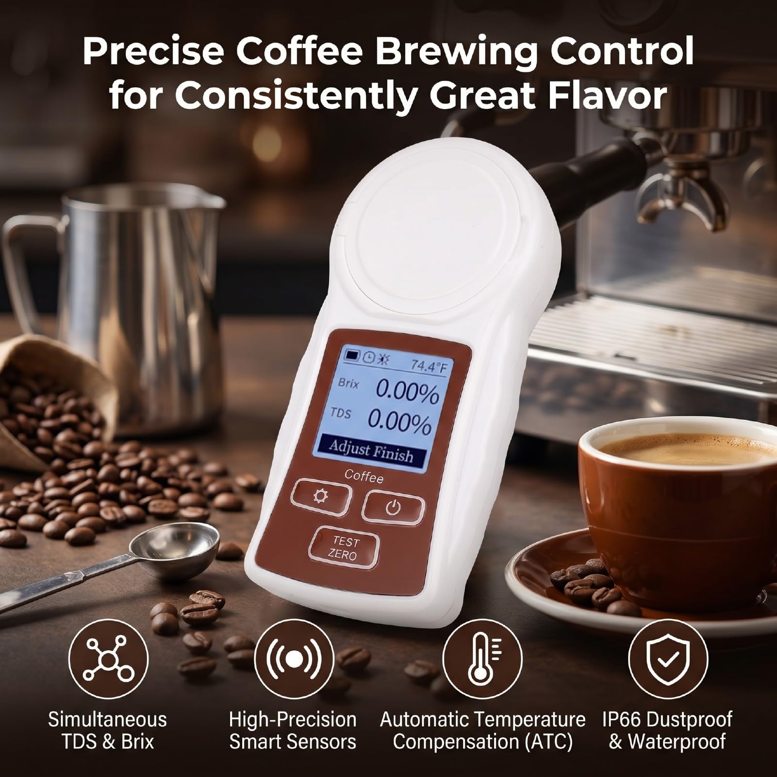 Garsent Refractómetro Digital TDS con Medidor ATC de café Brix 0-22% ±0,2% Recargable para Extracción de café, Probador de Triple Parámetro con Sensor de Alta Precisión, Temperatura Automática