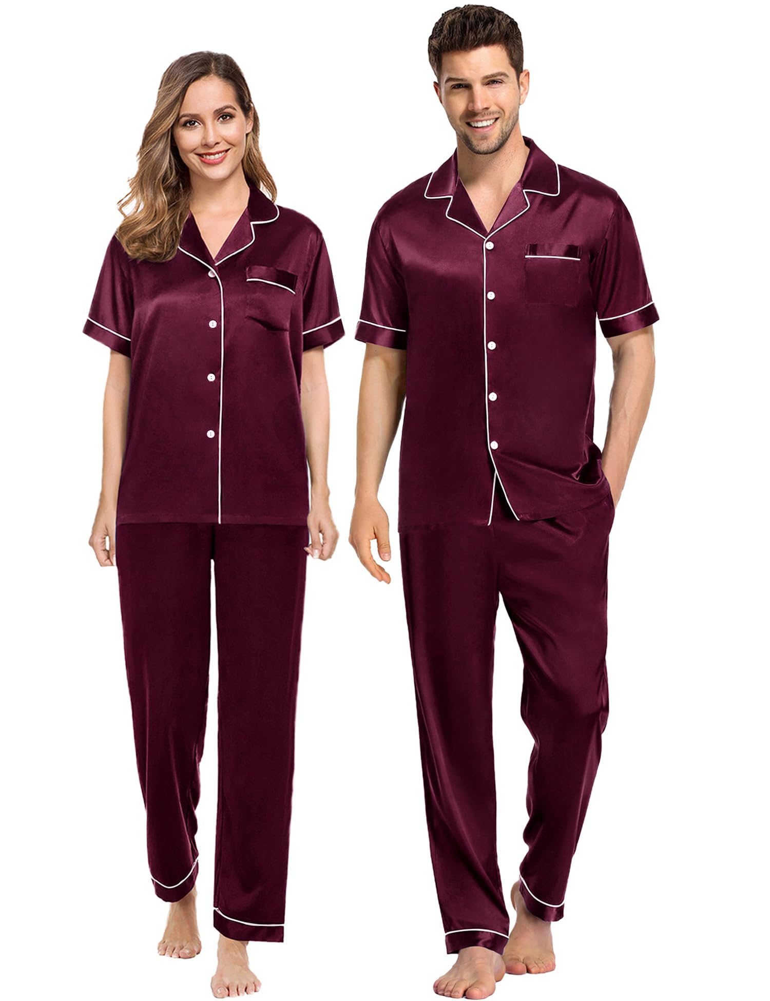 SWOMOG Couples Pajamas Sets Women & Men Satin Short Sleeve Sleepwear Button Down Loungewear Pjs Set with Long Pants